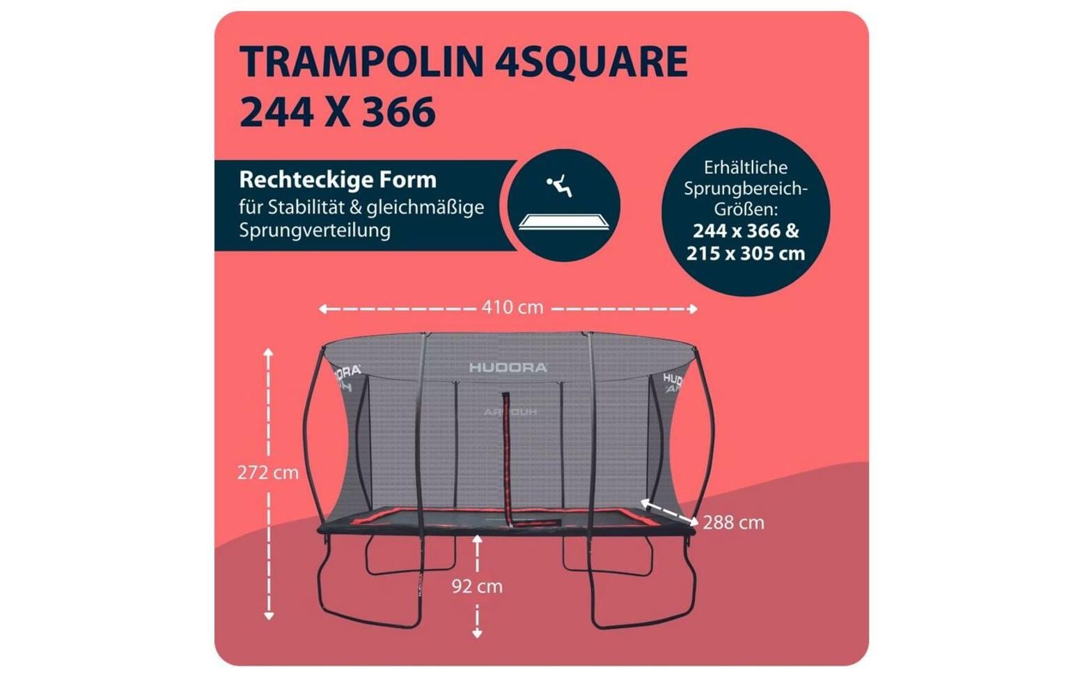 Hudora Trampolin 4square – 366 × 244 cm – Belastbarkeit 120 kg – schwarz