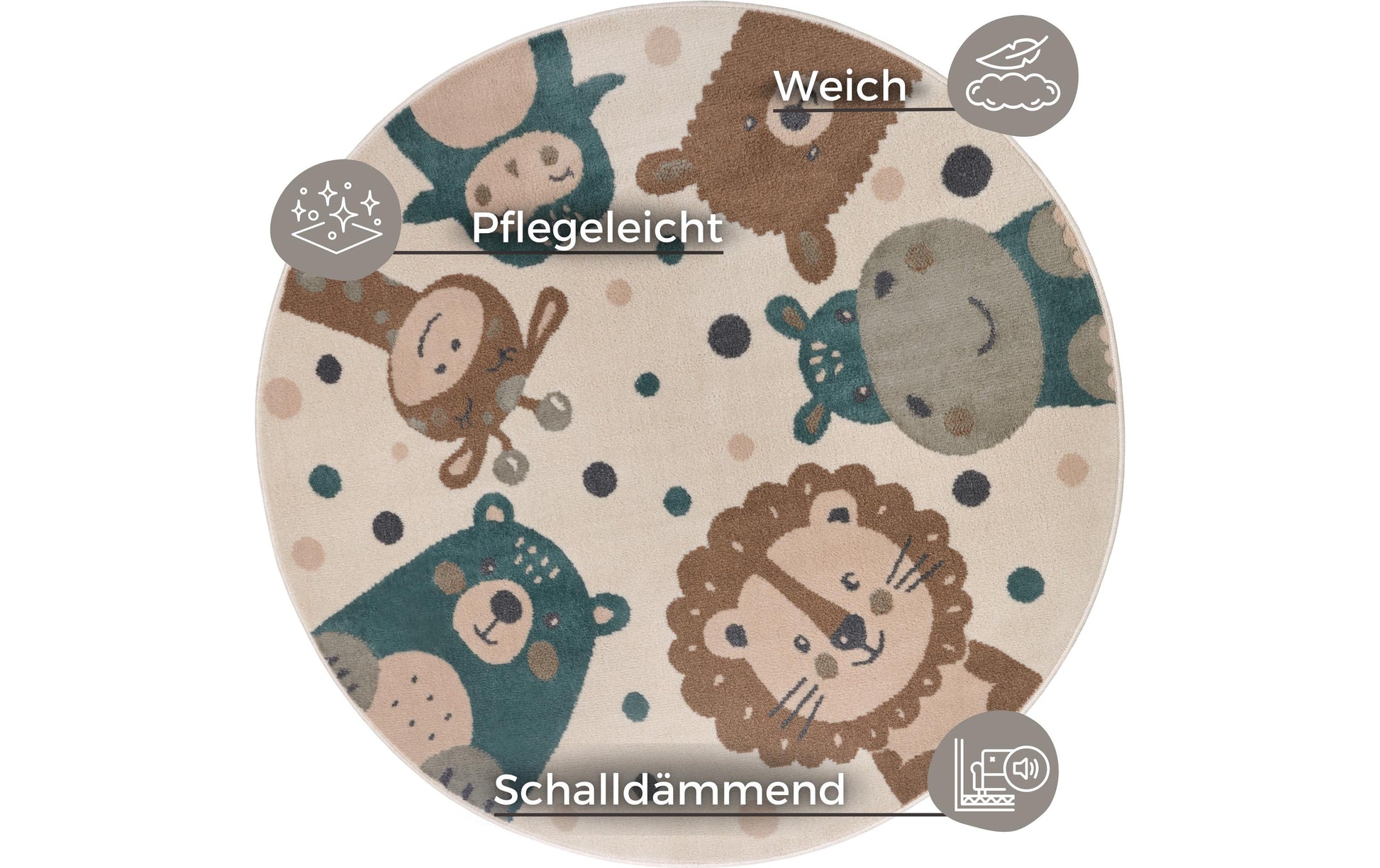 Hanse Home Teppich Animal Party – Ø 140 cm, Grün, Polypropylen, Dicke 0,8 cm