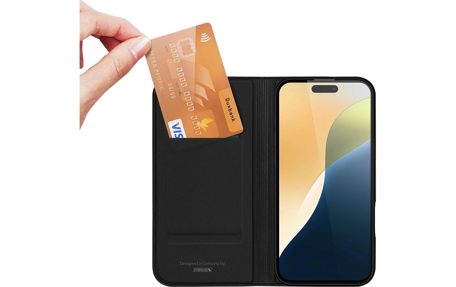 nevox Vario Series Wallethülle – für Apple iPhone 16 Plus, mit Ständer, 1 Kartenfach, PU+TPU, Schwarz