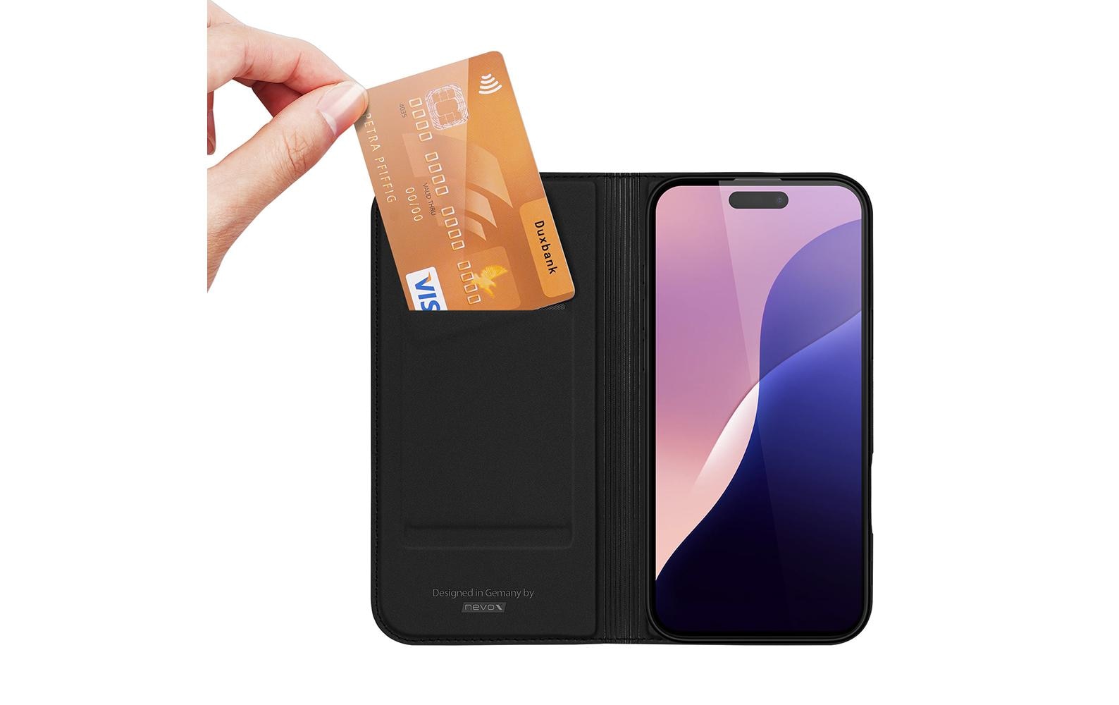 nevox Vario Series Wallethülle – für Apple iPhone 16 Pro Max, mit Ständer, 1 Kartenfach, PU+TPU, Schwarz