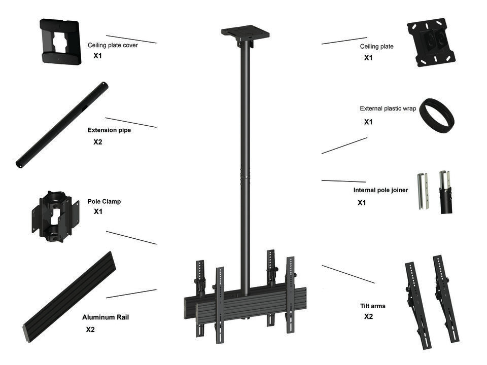 Multibrackets Pro MBC1UX2 – Deckenhalterung, für 2 Displays, neigbar, bis 65", VESA 600×400, bis 100 kg