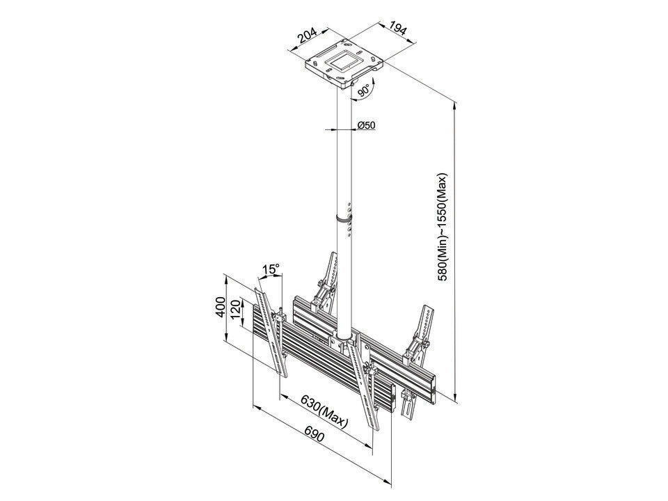 Multibrackets Pro MBC1UX2 – Deckenhalterung, für 2 Displays, neigbar, bis 65", VESA 600×400, bis 100 kg
