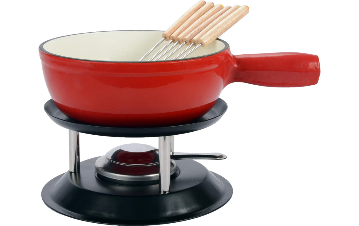 Ohmex Fondue-Set – Ø 21 cm, Gusseisen, für Käsefondue, Induktion, Elektro, Rot/Schwarz, 6 Personen, 8 Teile