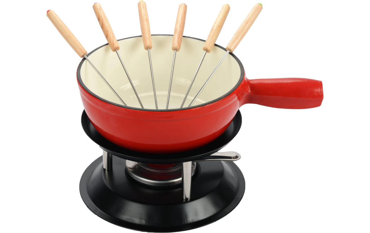 Ohmex Fondue-Set – Ø 21 cm, Gusseisen, für Käsefondue, Induktion, Elektro, Rot/Schwarz, 6 Personen, 8 Teile