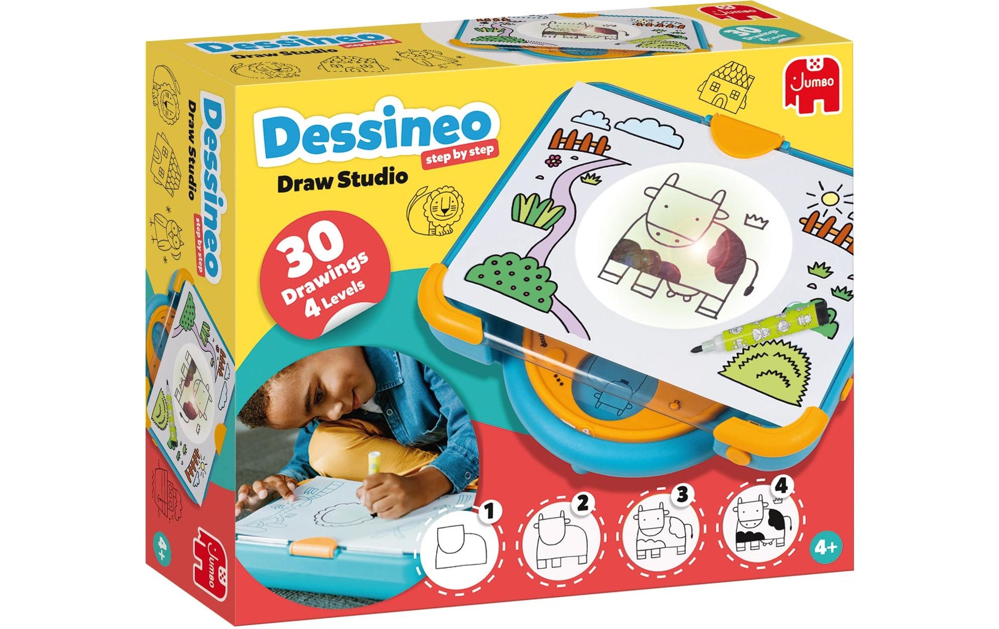 Jumbo Dessineo – Mal-Set für Kinder, sortiert, mit Zeichenplatte, 30 Schablonen, 1 schwarzer Stift