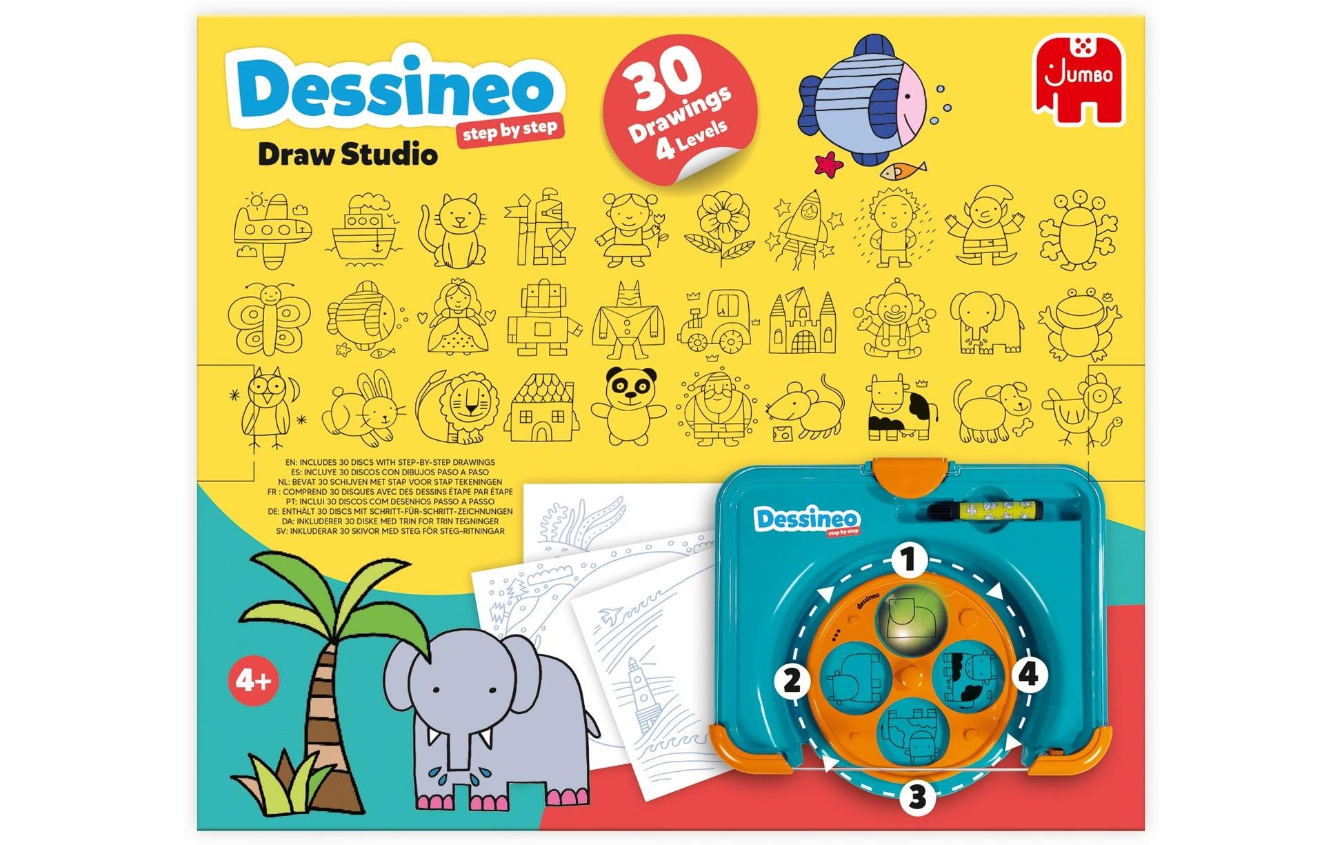 Jumbo Dessineo – Mal-Set für Kinder, sortiert, mit Zeichenplatte, 30 Schablonen, 1 schwarzer Stift
