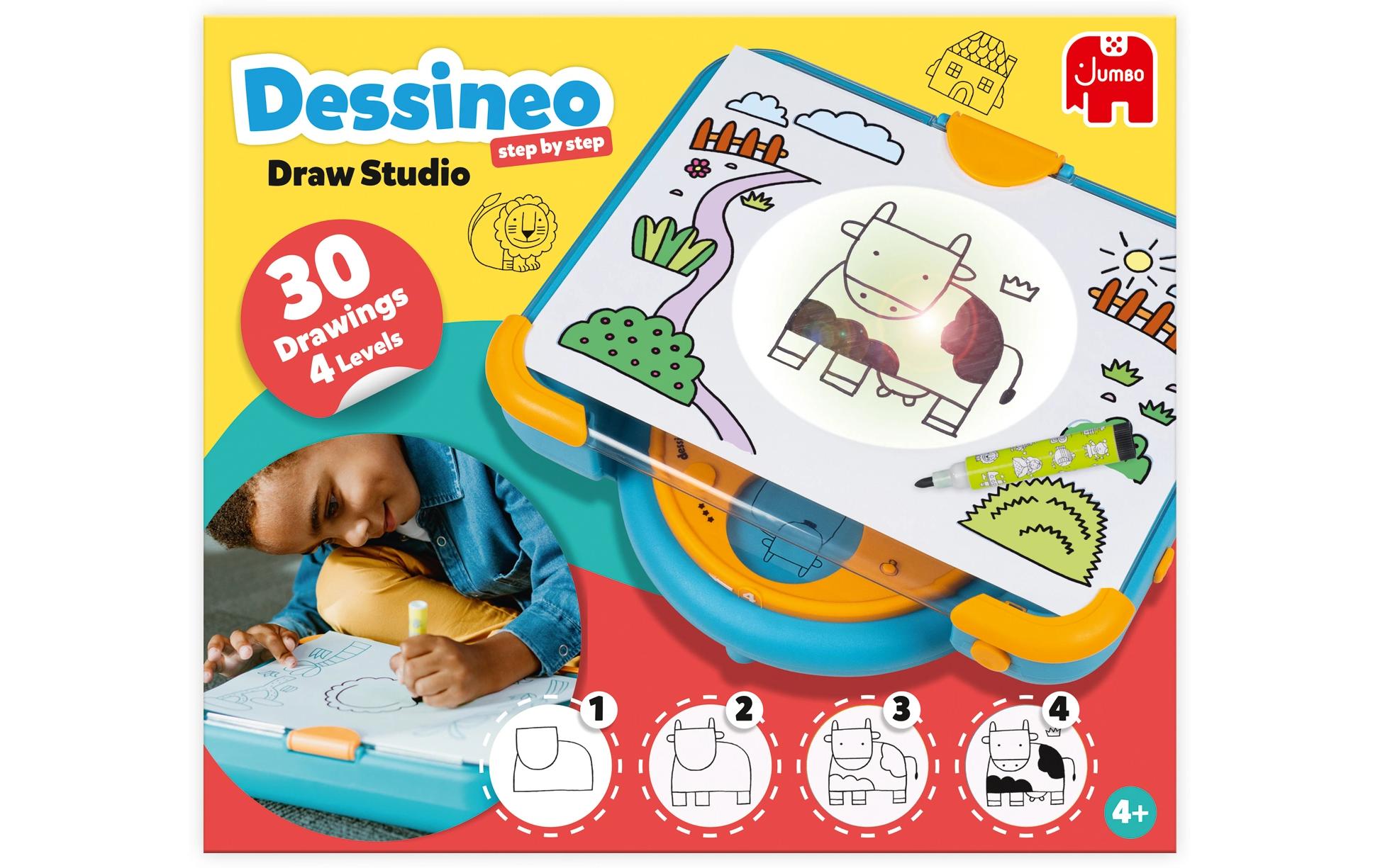 Jumbo Dessineo – Mal-Set für Kinder, sortiert, mit Zeichenplatte, 30 Schablonen, 1 schwarzer Stift