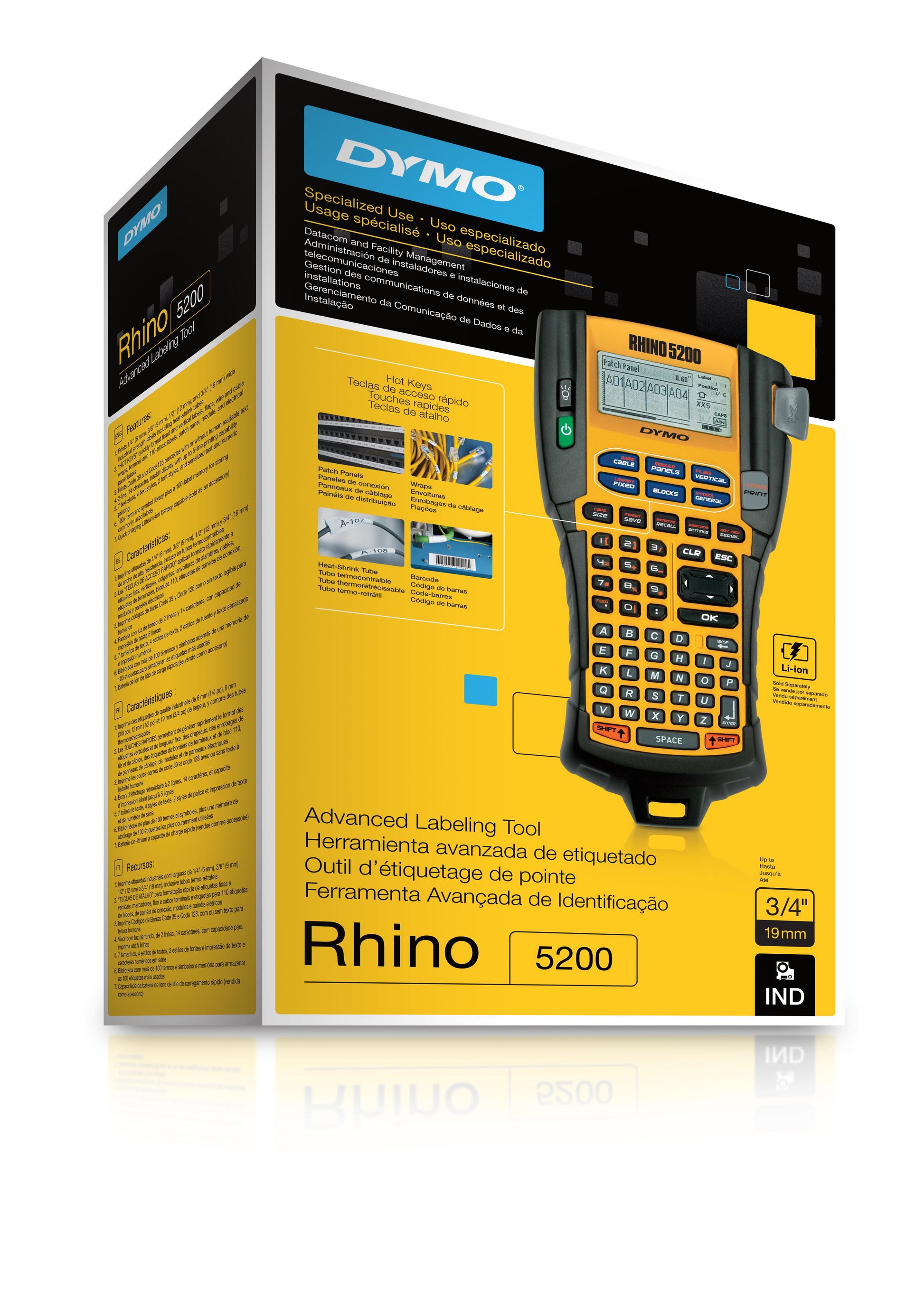 DYMO RHINO 5200 – Beschriftungsgerät für RHINO-Etiketten 6–19 mm, Thermotransfer, 180 × 180 dpi, 10 mm/s
