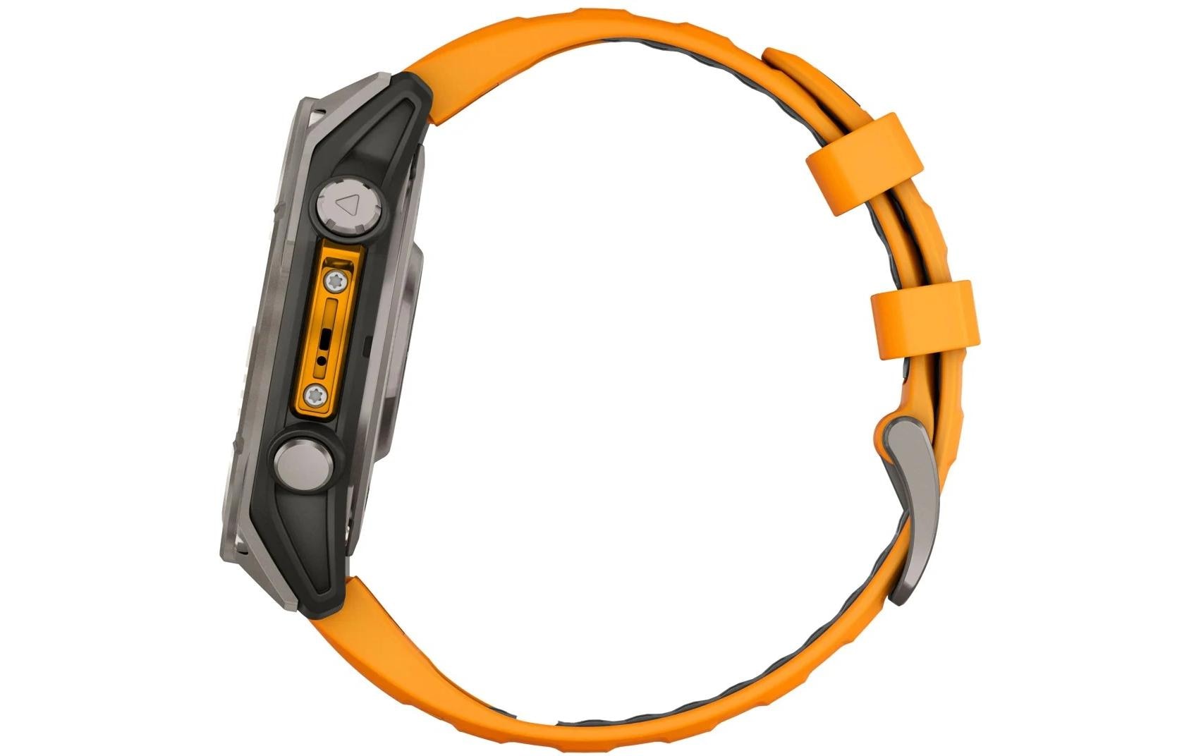 Garmin Fenix 8 – Smartwatch – 47 mm, 1,4" AMOLED, GPS, Saphirglas, 100 m, Silber, Orange Sportarmband