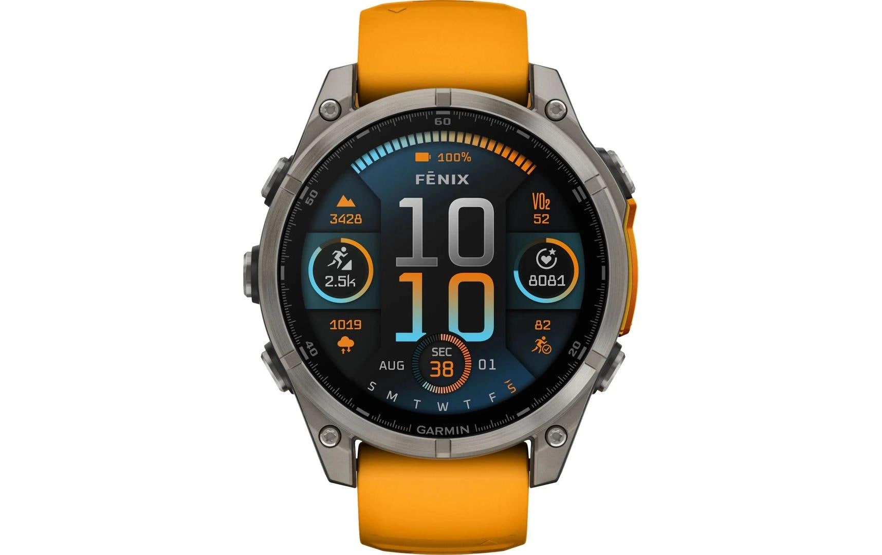 Garmin Fenix 8 – Smartwatch – 47 mm, 1,4" AMOLED, GPS, Saphirglas, 100 m, Silber, Orange Sportarmband