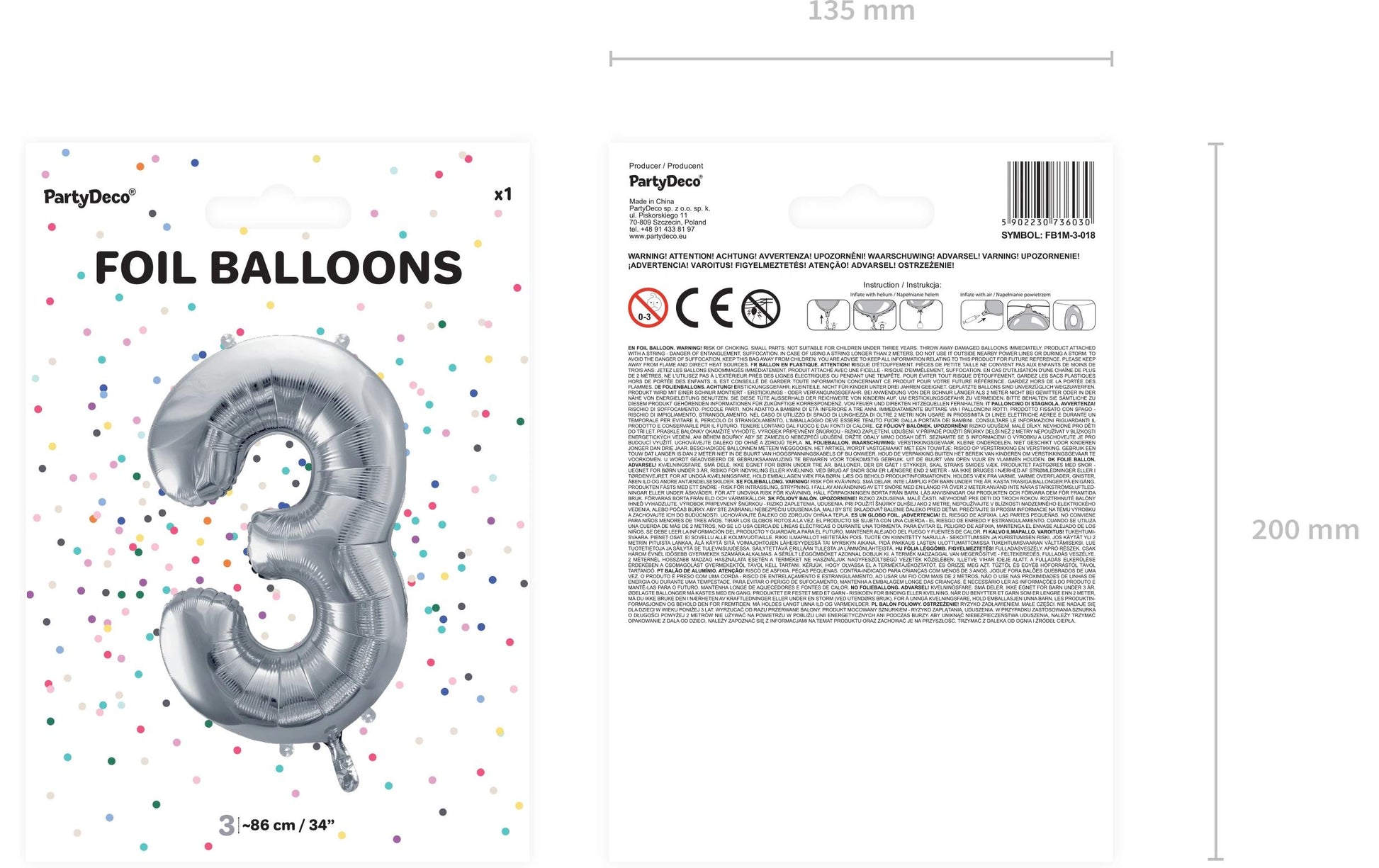 PartyDeco Folienballon Zahl 3 – Silber – 86 cm – Folie – 1 Stk