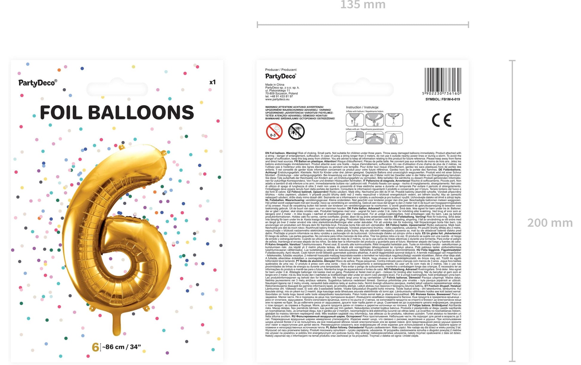 PartyDeco Folienballon Zahl 6 – Gold – 86 cm – Folie – 1 Stk