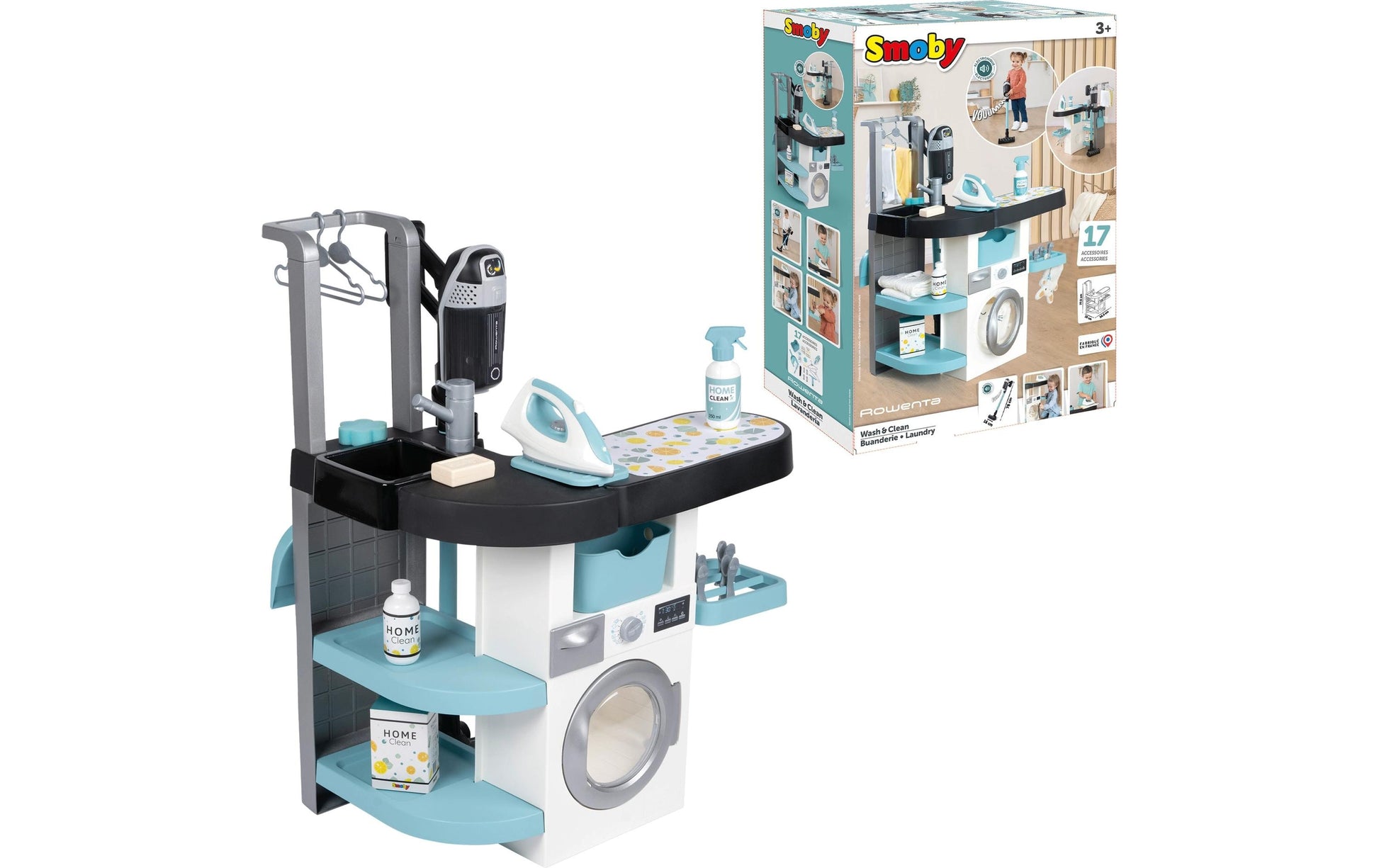 Smoby Rowenta Haushaltset Wash & Clean – ab 3 Jahren – Kunststoff – blau/schwarz/weiss