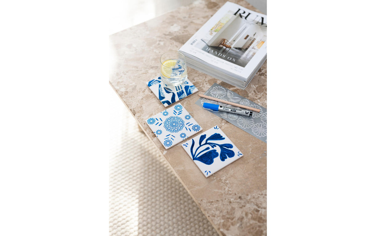 Creativ Company Bastelset – Porzellanuntersetzer bemalen – Porzellan, Blau
