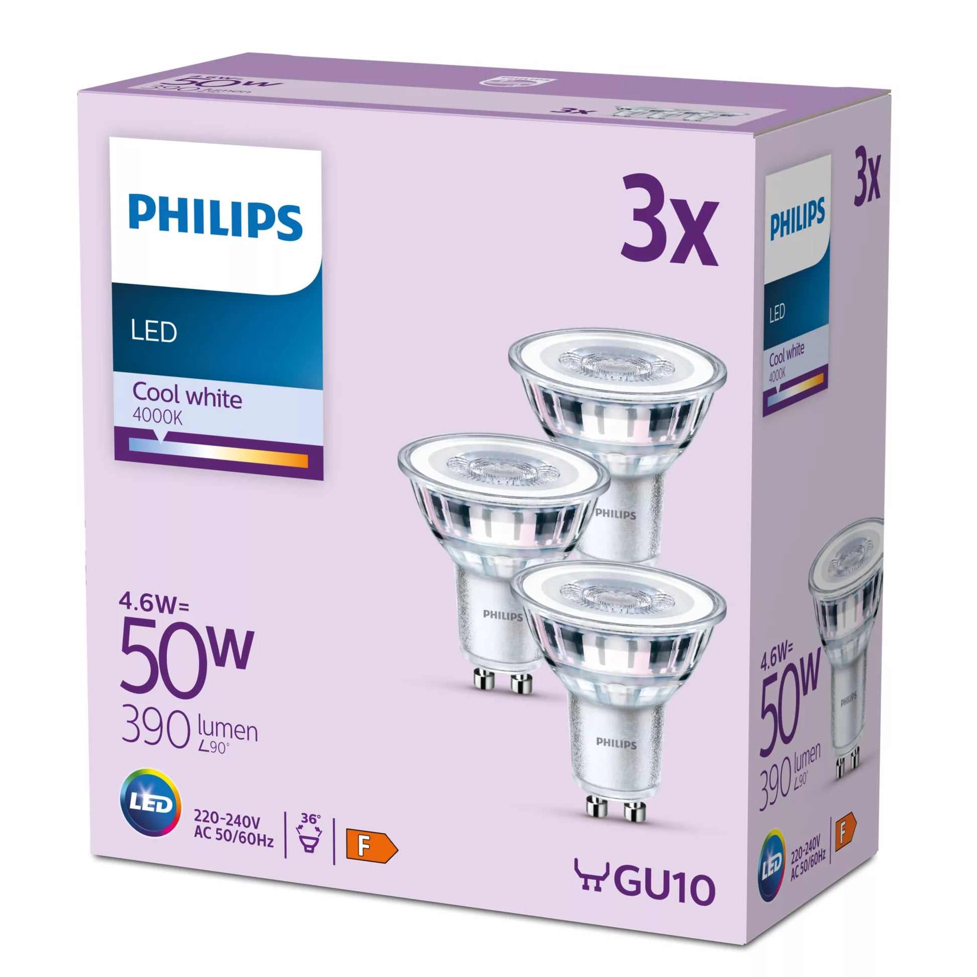 Philips by Signify Philips LED-Leuchtmittel GU10 – Neutralweiss 4000 K, 390 lm, 4,6 W, 36° – 3 Stk., Silber/Glas
