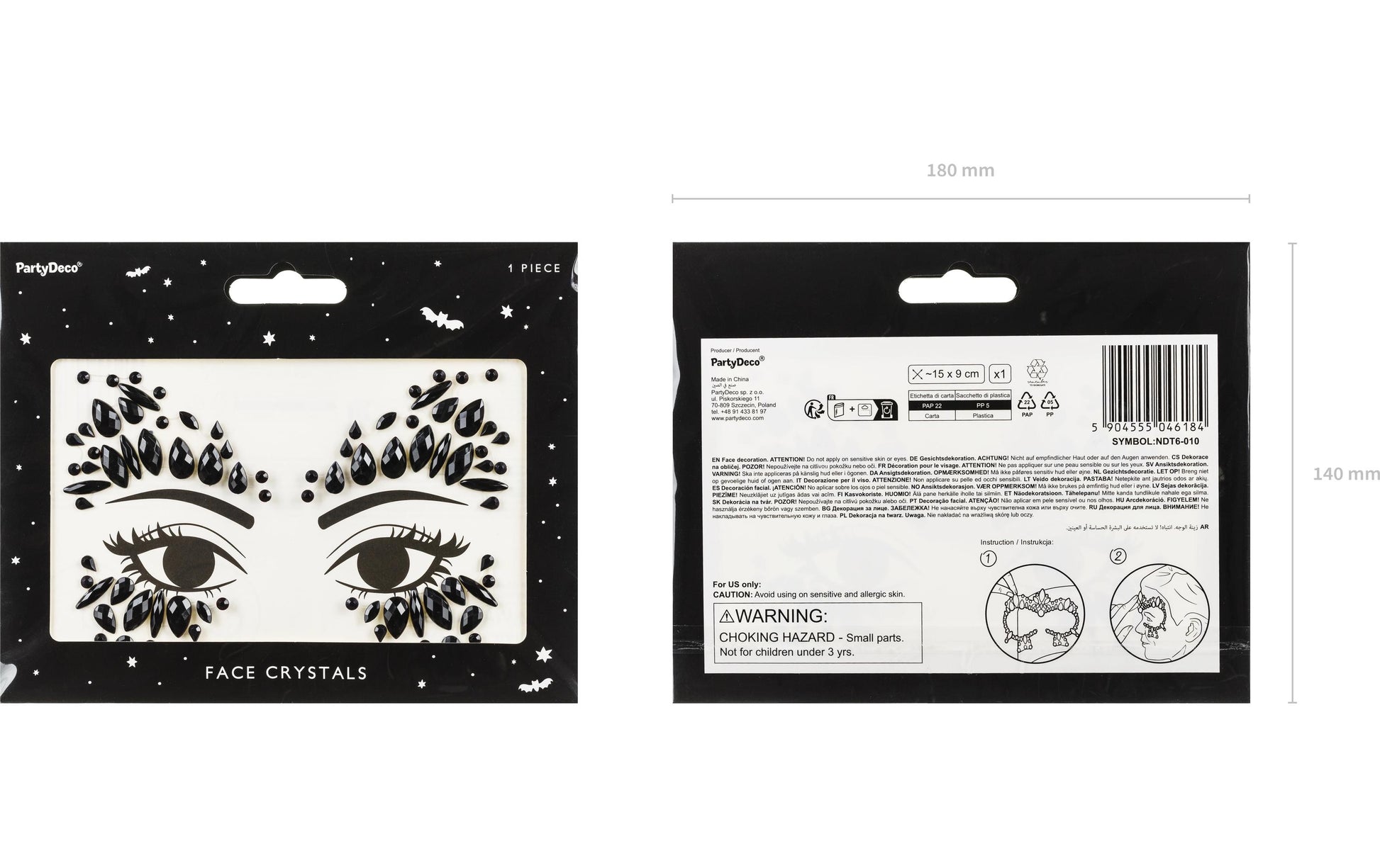 PartyDeco Face Art Sticker Kristalle – Schwarz – 1 Paar – Acryl