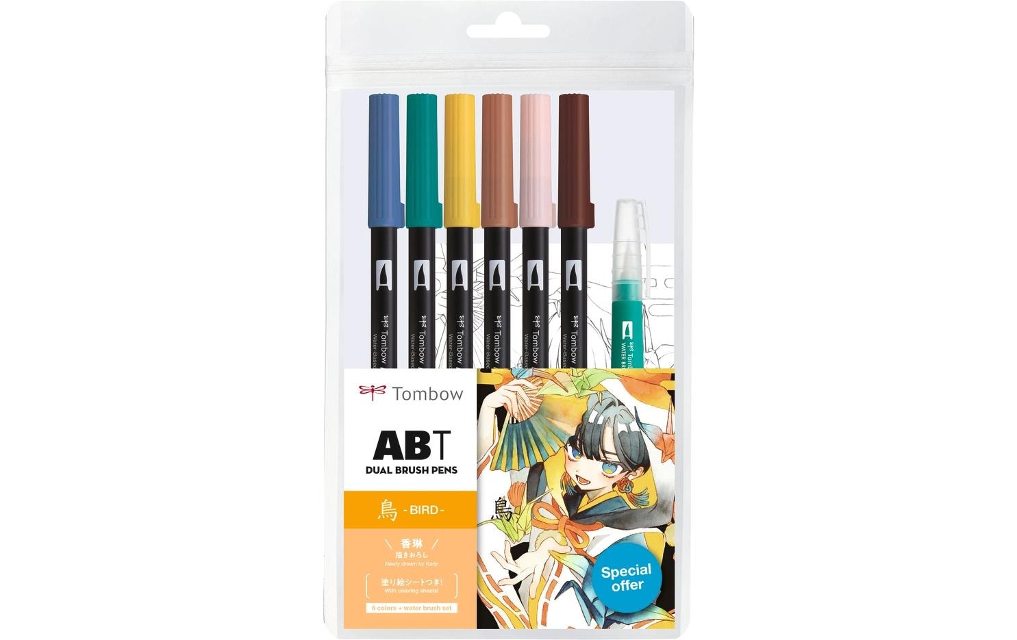 Tombow ABT Dual Brush, Manga Bird – Doppelspitze, Pinselspitze, wasservermalbar, 6 Farben