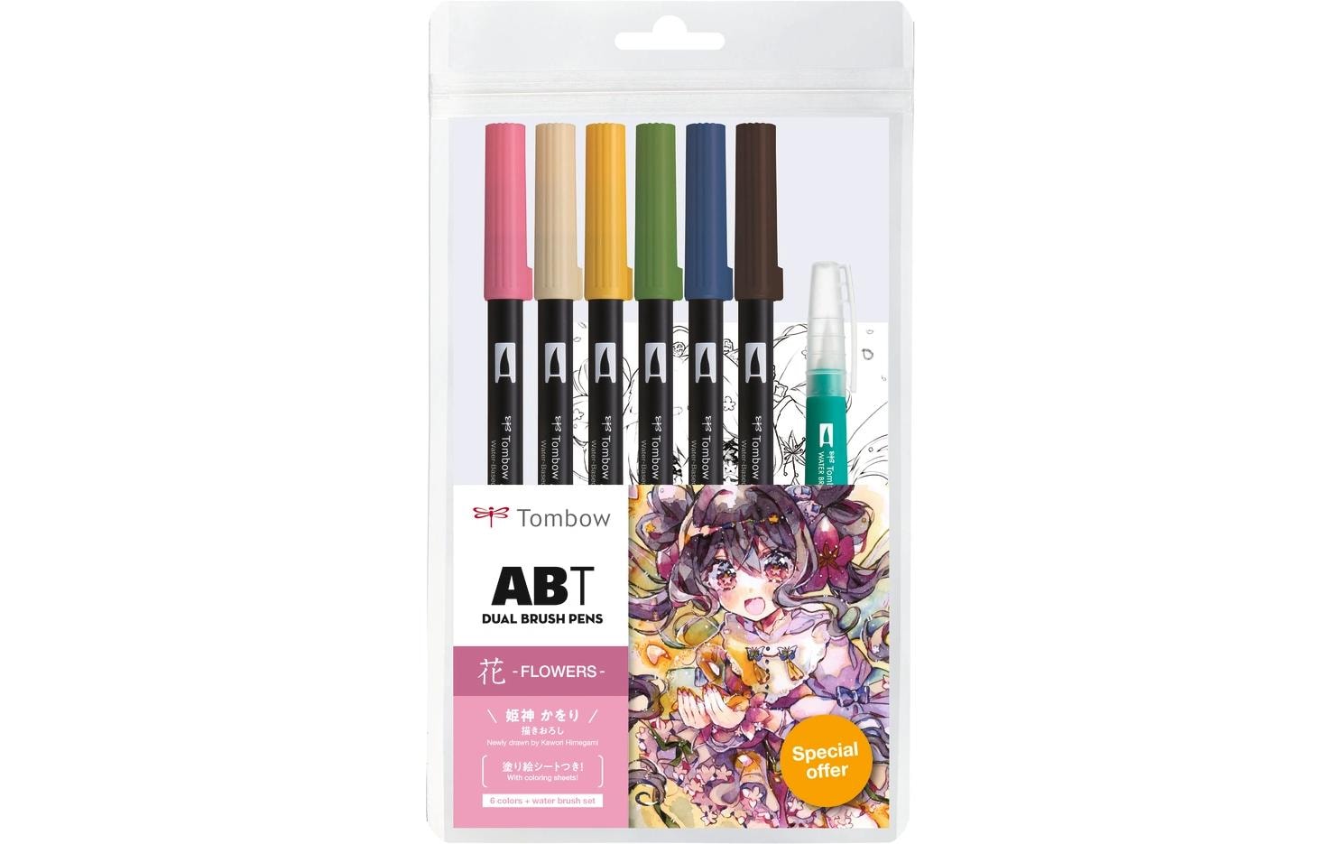 Tombow ABT Pinselstift, Doppelspitze, Manga Flower – wasservermalbar, 6 Farben