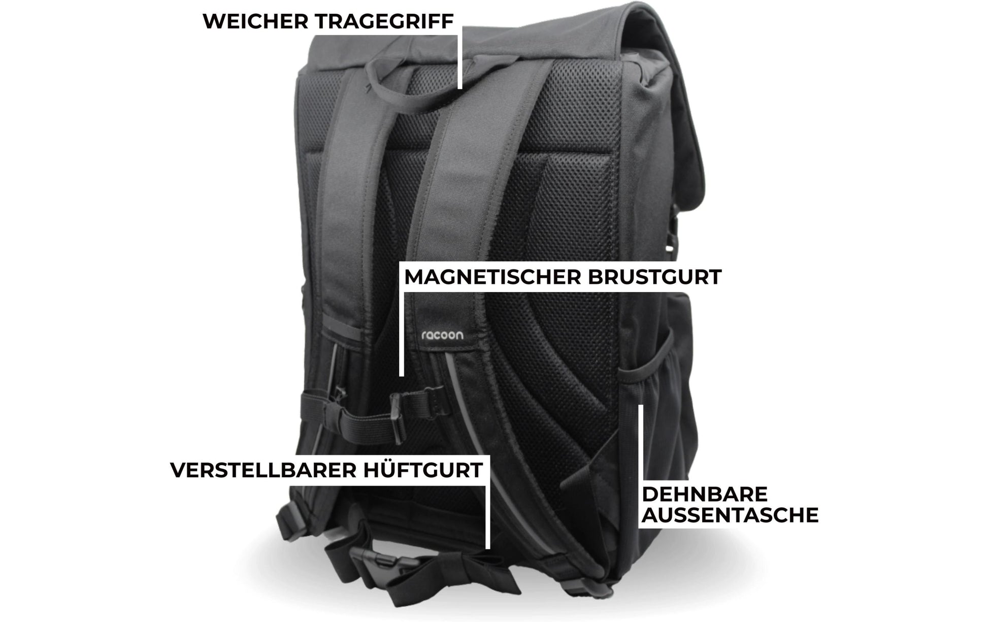 Racoon Schulrucksack THE ORIGINAL – 35 l, wasserabweisend, rPET-Polyester – Schwarz, 330 × 440 × 200 mm