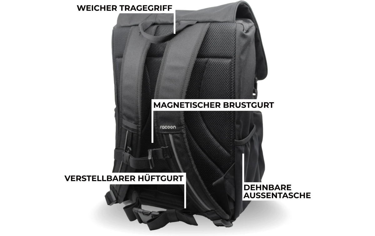Racoon Schulrucksack The Original – 35 l, wasserabweisend, mit Reflektoren, rPET-Polyester – Schwarz