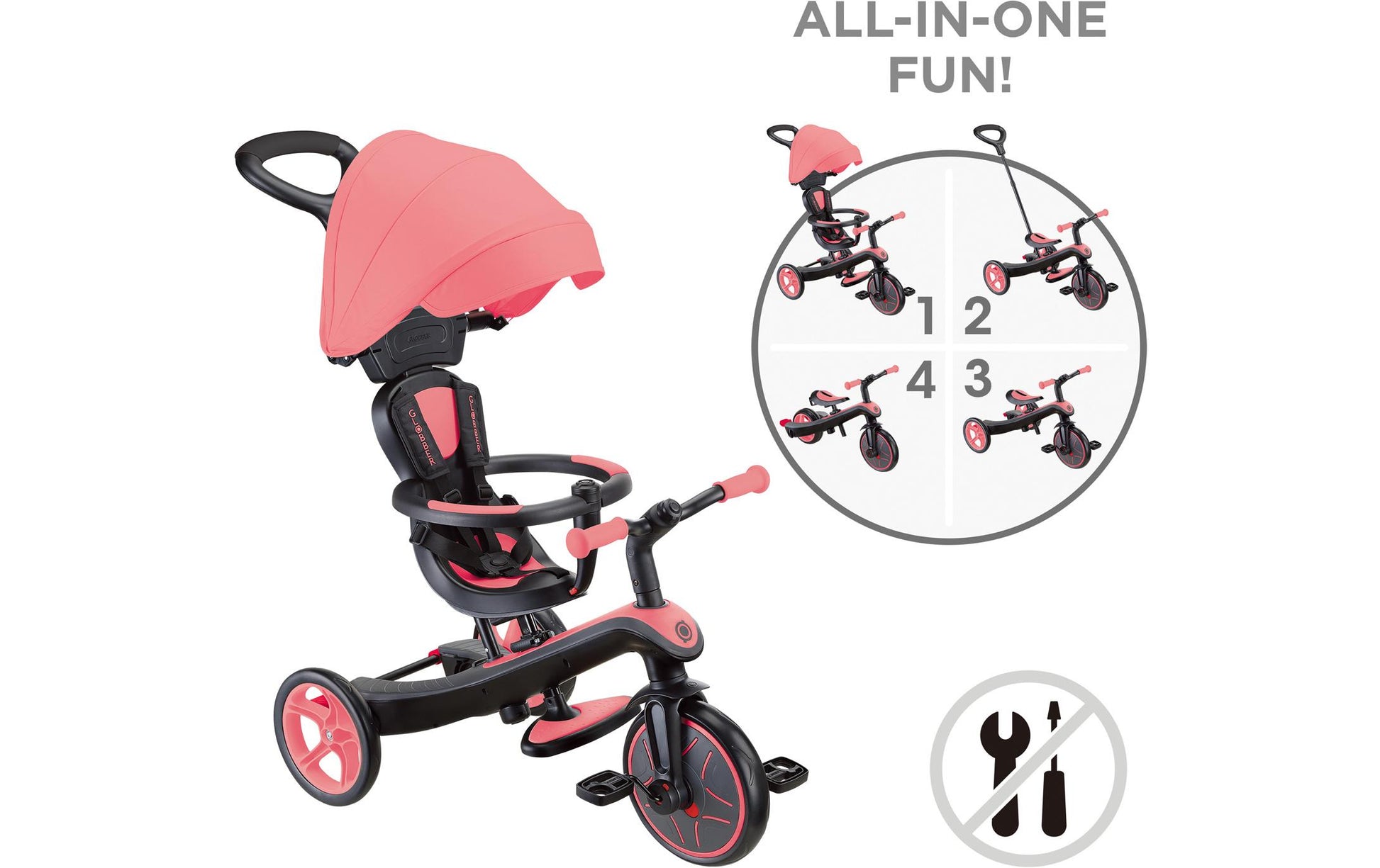 Globber Explorer 4 in 1 Dreirad – Schiebestange, verstellbarer Sitz – ab 10 Monaten – Rosa