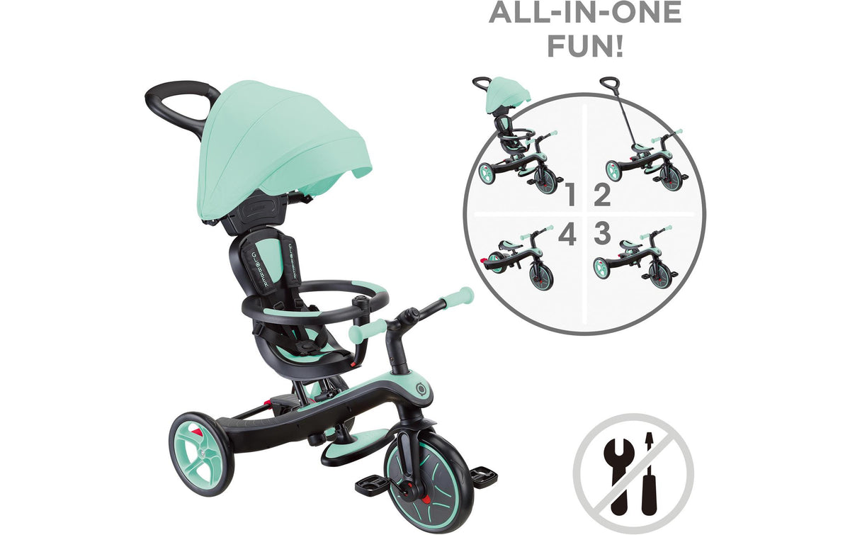 Globber Explorer 4-in-1 Dreirad – Gurt, Schiebestange, verstellbarer Sitz – ab 10 Monaten
