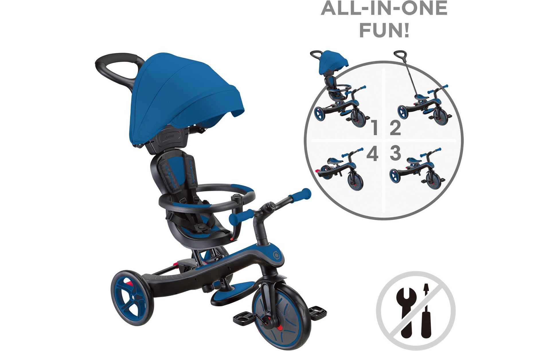 Globber Explorer 4 in 1 Dreirad – Verstellbarer Sitz, Schiebestange, Gurt – ab 10 Monaten – Blau