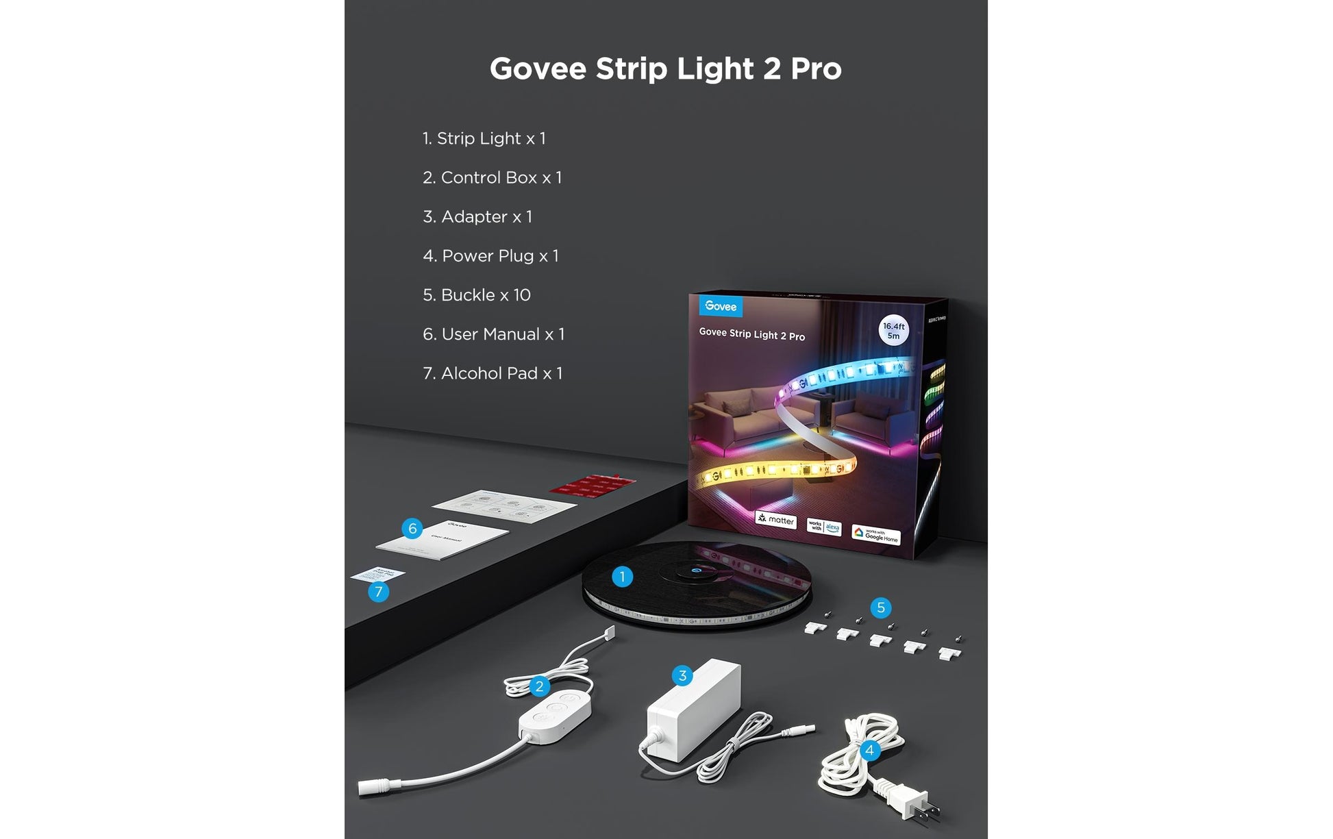 Govee LED-Strip 2 Pro – 5 m, 340 lm, 72 W, RGBW, 2700–6500 K, dimmbar, WiFi/BT, für Alexa, mehrfarbig