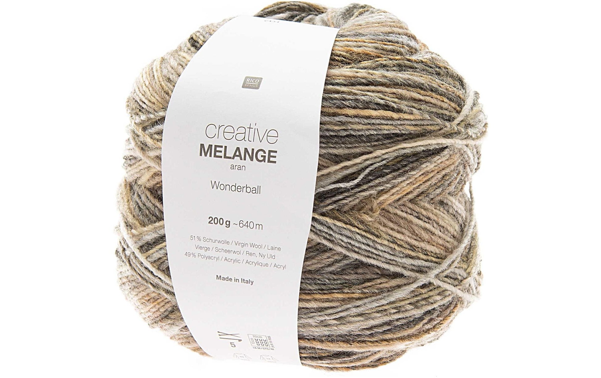 Rico Design Melange Wolle Natur-Mix – Aran, 200 g, 640 m, Nadel 5 mm, 51% Schurwolle/49% Polyacryl