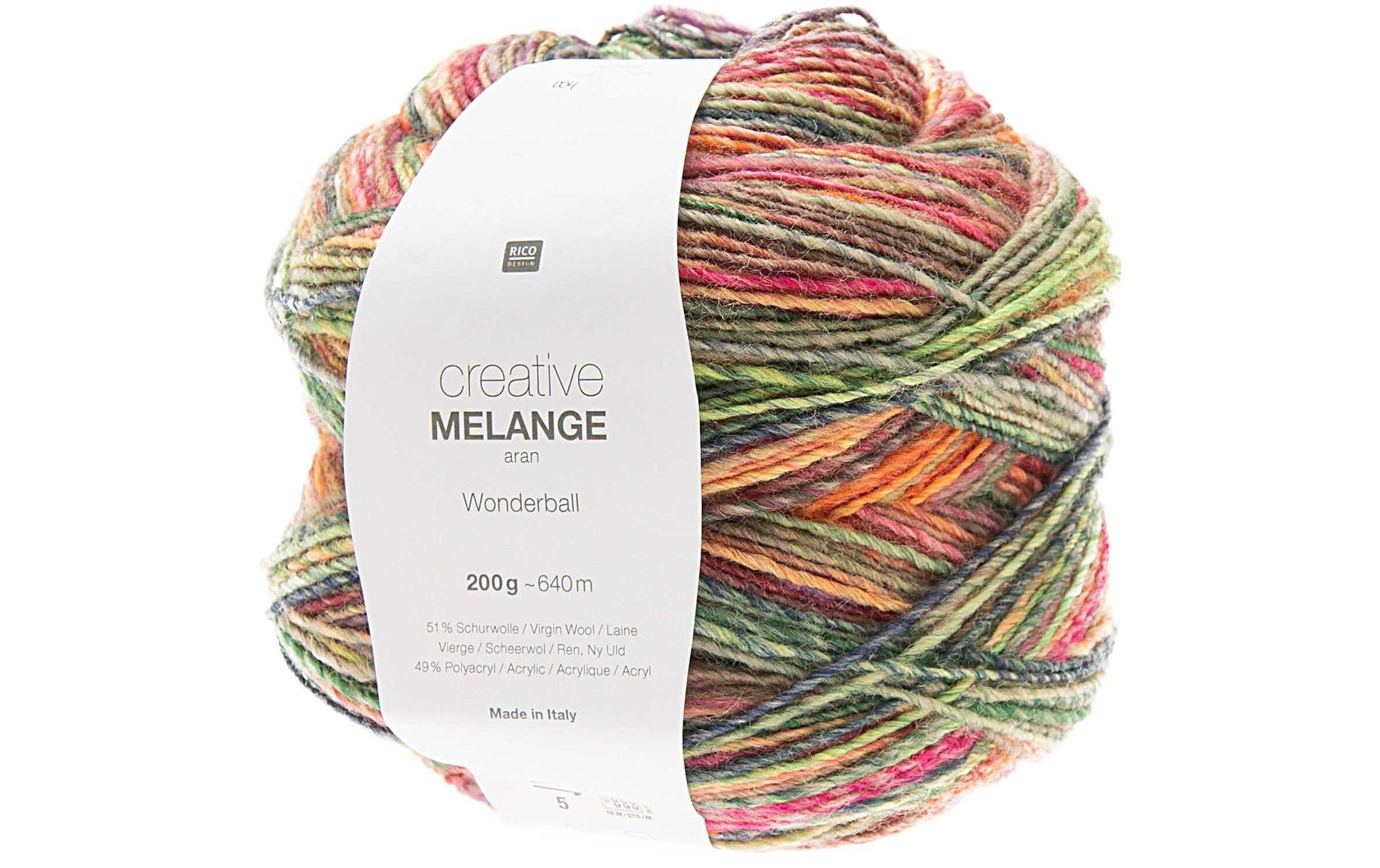 Rico Design Melange Wolle Aran Mehrfarbig – 200 g, 640 m, Nadel 5 mm, 51% Schurwolle/49% Polyacryl, 1 Stk.