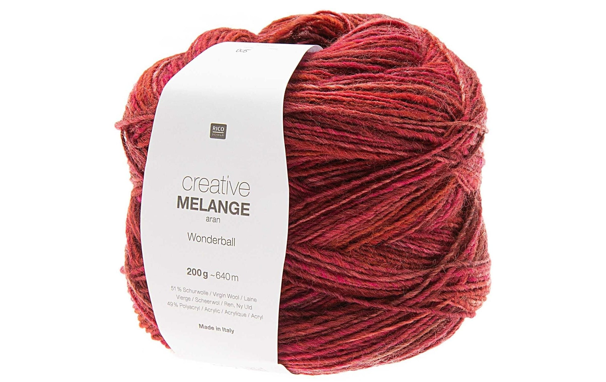 Rico Design Melange Wolle Aran Kirschrot – 200 g, 640 m, Nadel 5 mm, 51% Schurwolle/49% Polyacryl, 1 Stk.