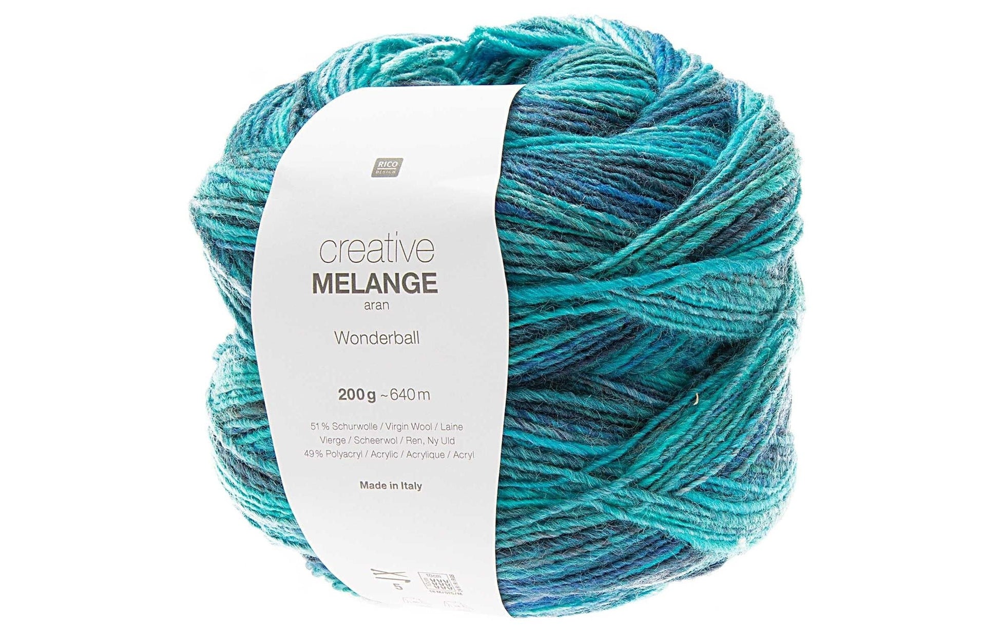Rico Design Melange Wolle Aqua – 200 g, 640 m, Nadel 5 mm, 51% Schurwolle/49% Polyacryl, 1 Stk.