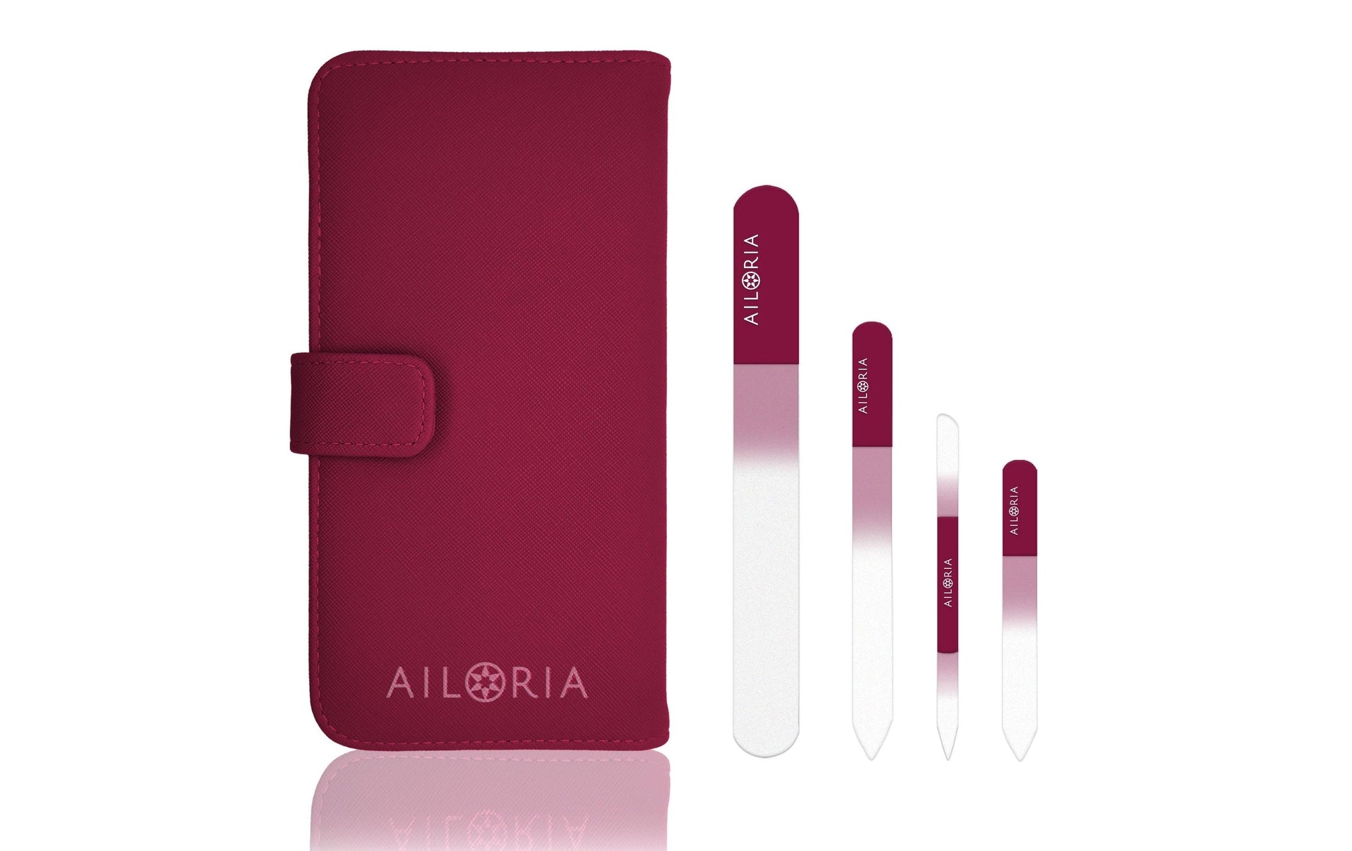 Ailoria Nagelfeilenset CONTOUR PRIME – Glasfeilen, 4 Stk – Kunstlederetui, Magenta