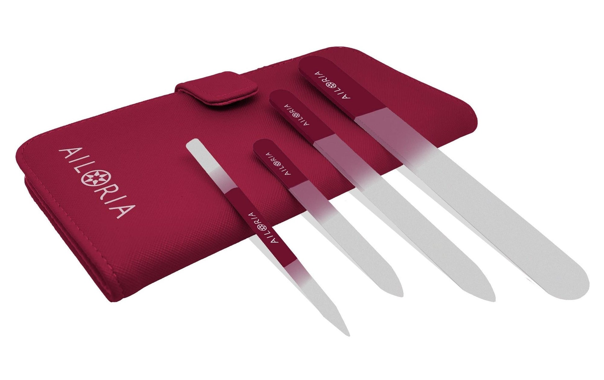 Ailoria Nagelfeilenset CONTOUR PRIME – Glasfeilen, 4 Stk – Kunstlederetui, Magenta