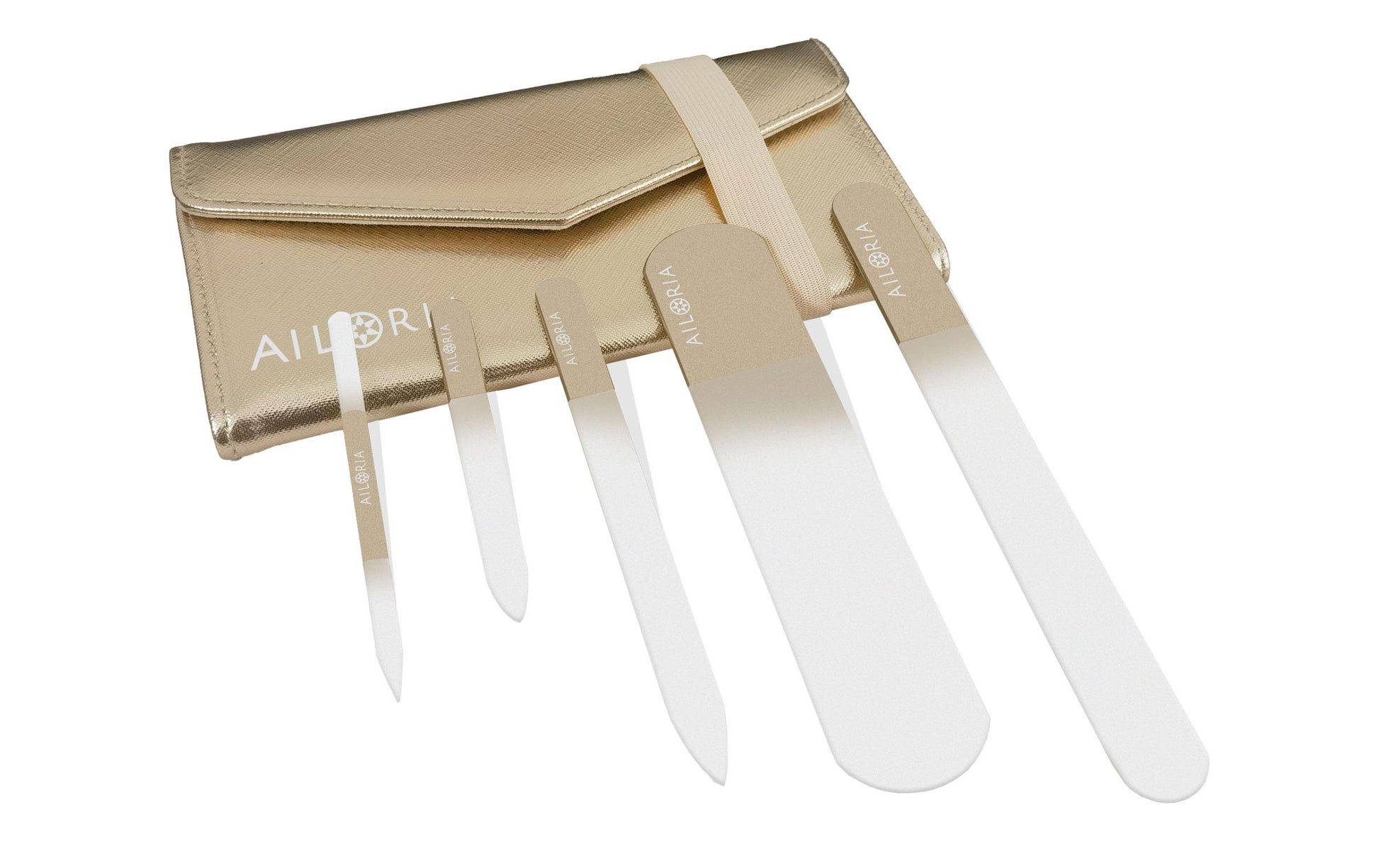 Ailoria Nagelfeilenset – 5 Stk, Glasfeilen – Gold – Kunstlederetui