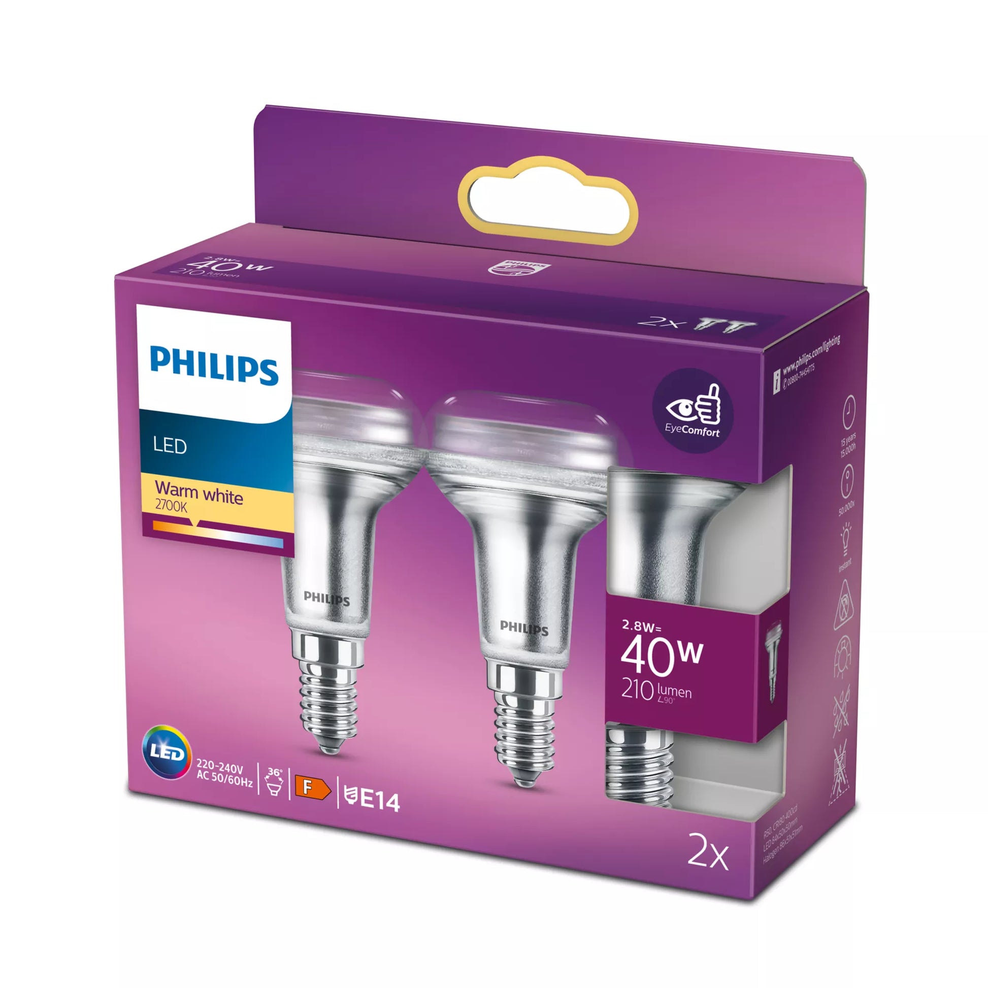 Philips by Signify Philips LED-Reflektor R50 E14 – Warmweiss 2700 K, 210 lm, 2,8 W – 36°, klar – 2 Stk.
