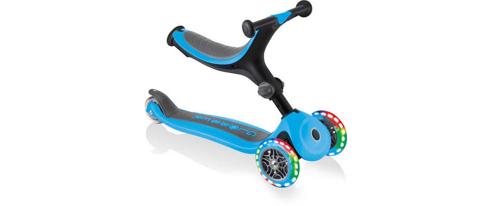 Globber GO UP Foldable Plus Lights Dreiradroller – faltbar, höhenverstellbar – hellblau – ab 1,2 J. – 50 kg