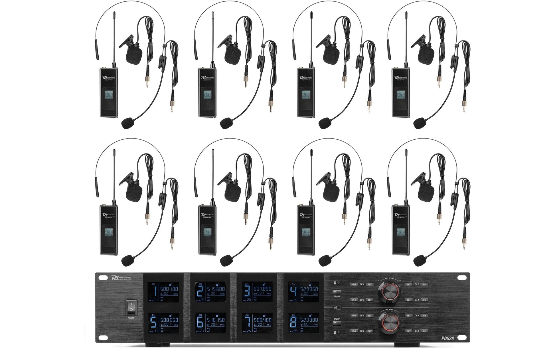 Power Dynamics PD528B Headsetmikrofon 8er-Set – USB, 6,35 mm Klinke, XLR, Kabellos, Niere, 500–530 MHz