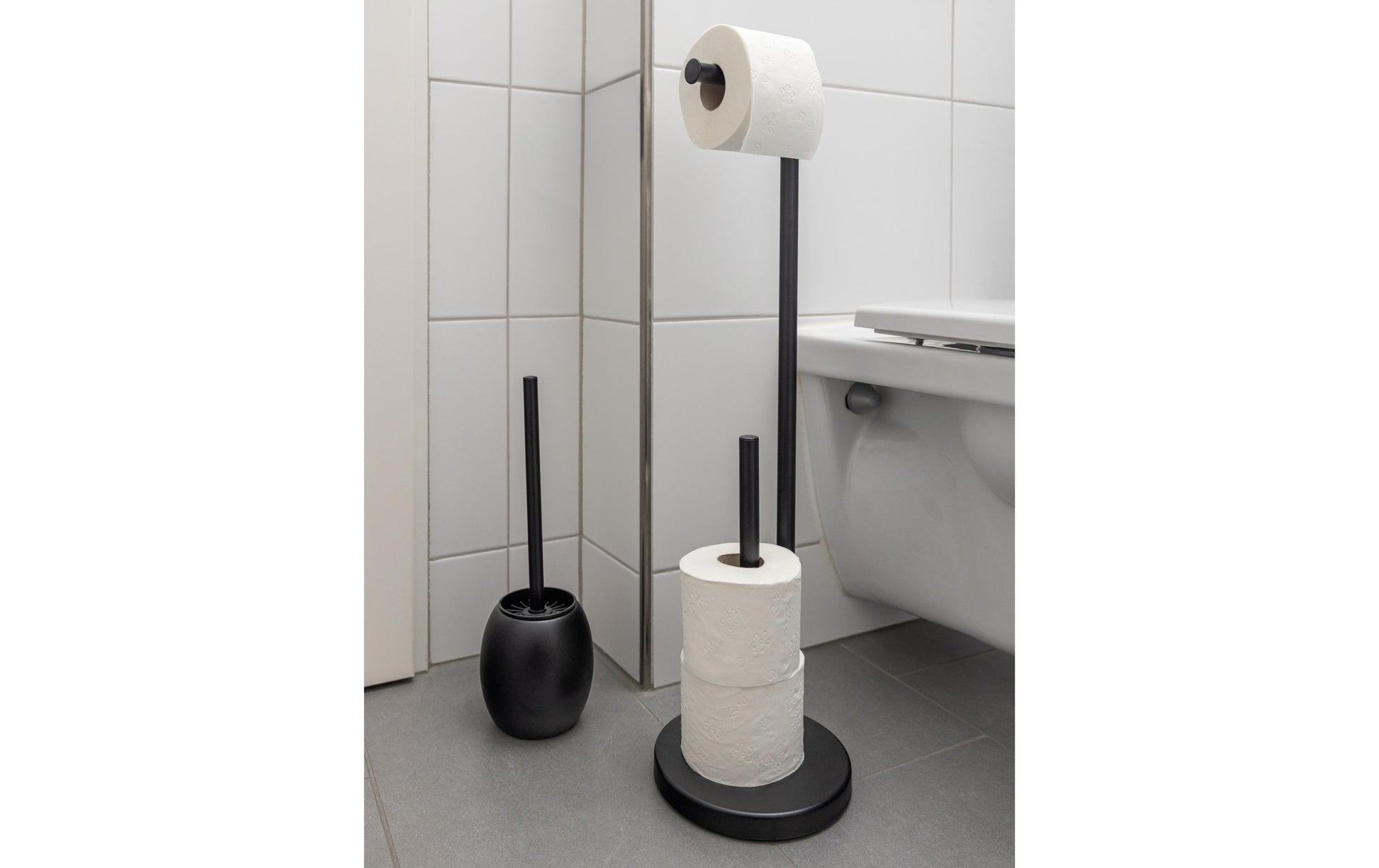 COCON Toilettenpapierständer – Edelstahl matt, schwarz, für 2 Rollen, B 19 cm, H 66 cm