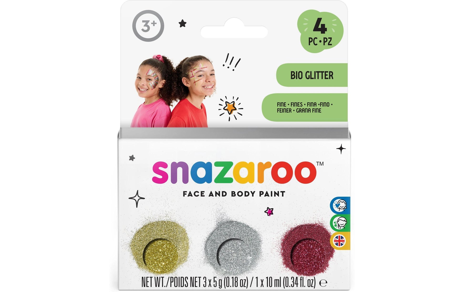 Snazaroo Glitzer-Set – 3 Farben – Gold, Rot, Silber
