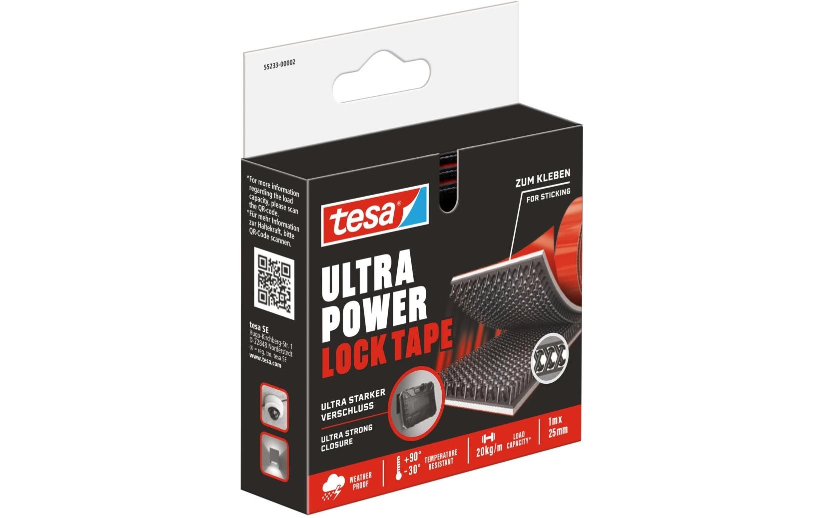 TESA Ultra Power Lock Klettband – 25 mm × 1 m, schwarz, selbstklebend, 1 Stück