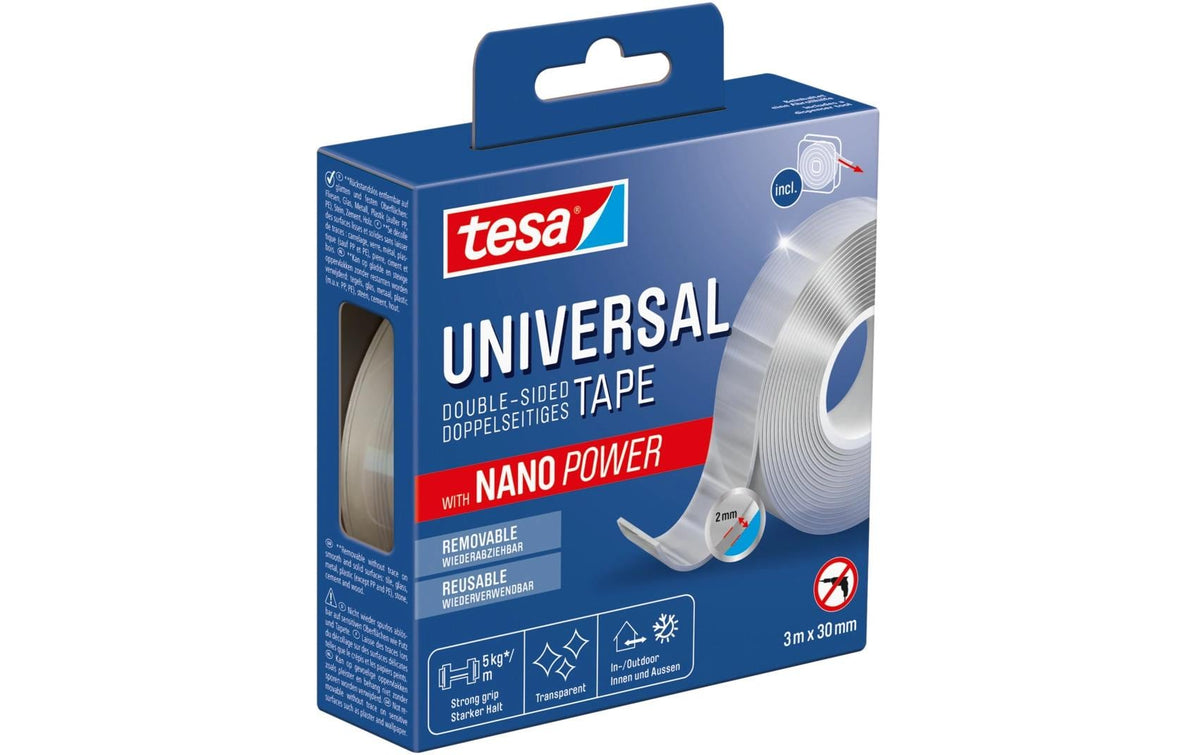 TESA Montageband – 30 mm × 3 m, transparent, innen, wasserfest, wiederverwendbar