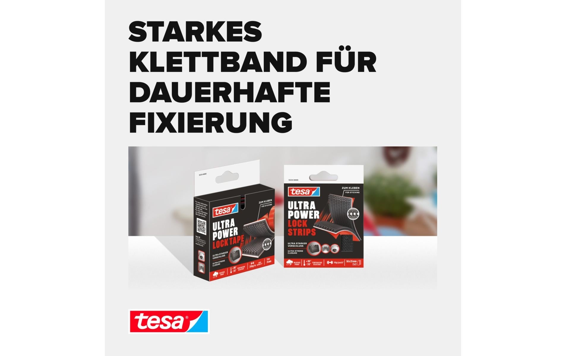 TESA Ultra Power Lock Klettband – 25 mm × 1 m, schwarz, selbstklebend, 1 Stück