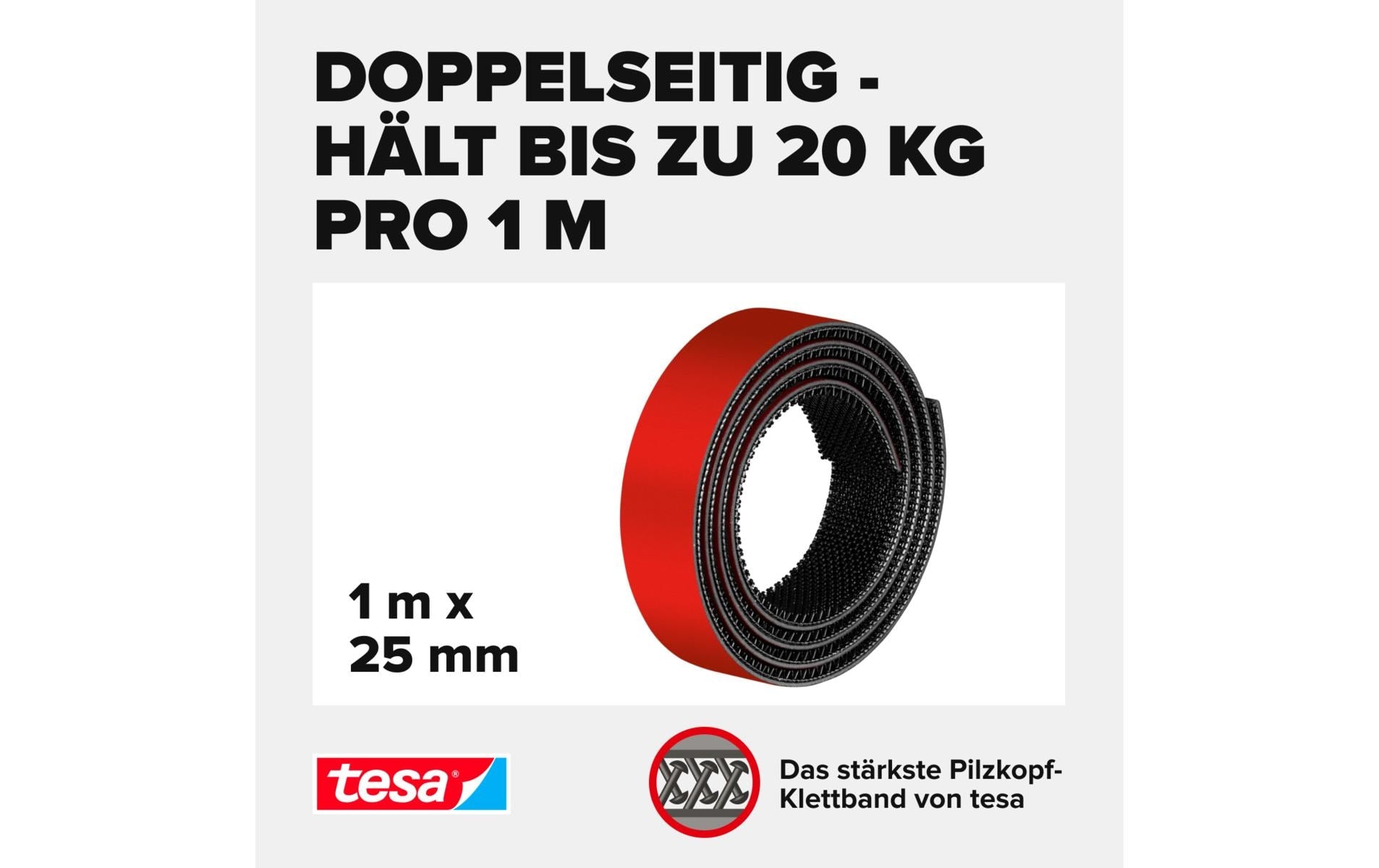 TESA Ultra Power Lock Klettband – 25 mm × 1 m, schwarz, selbstklebend, 1 Stück