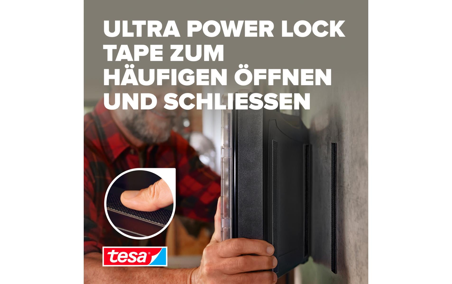 TESA Ultra Power Lock Klettband – 25 mm × 1 m, schwarz, selbstklebend, 1 Stück