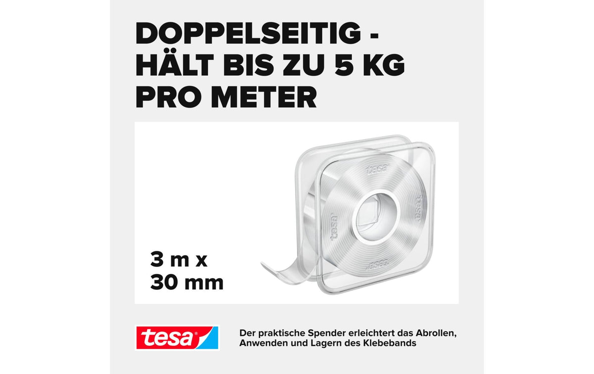 TESA Montageband – 30 mm × 3 m, transparent, innen, wasserfest, wiederverwendbar
