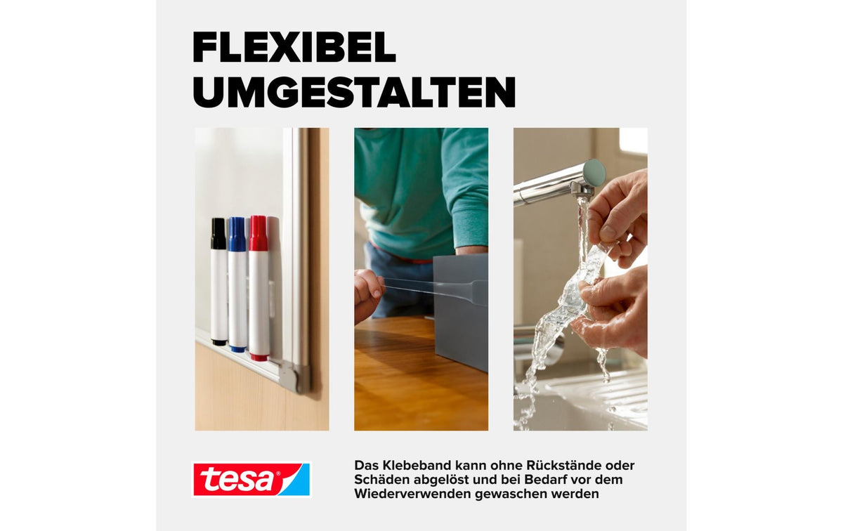 TESA Montageband – 30 mm × 3 m, transparent, innen, wasserfest, wiederverwendbar