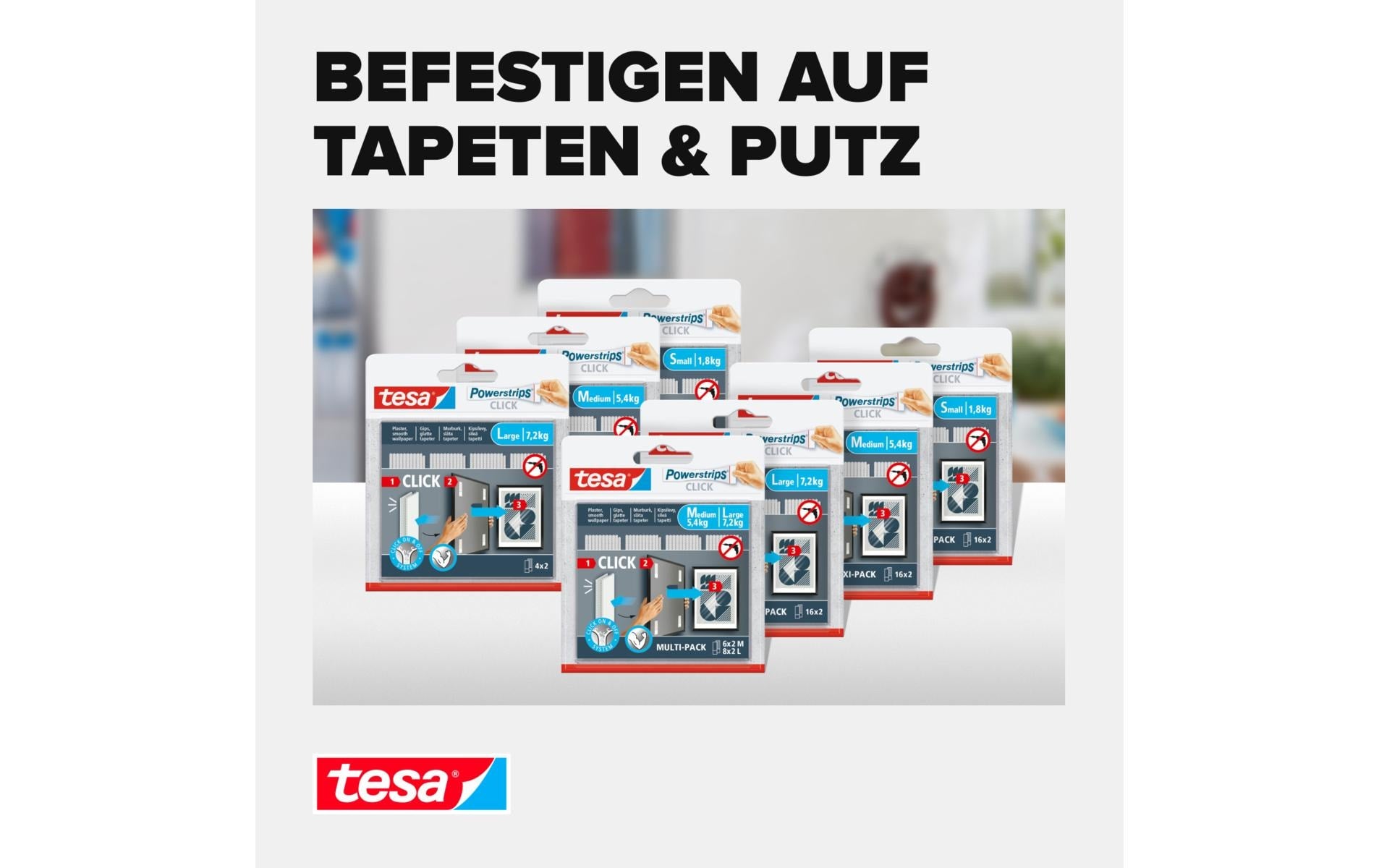 Tesa Montageband Powerstrips, für glatte Oberflächen – 20 mm × 0,08 m, weiss, bis 5,4 kg