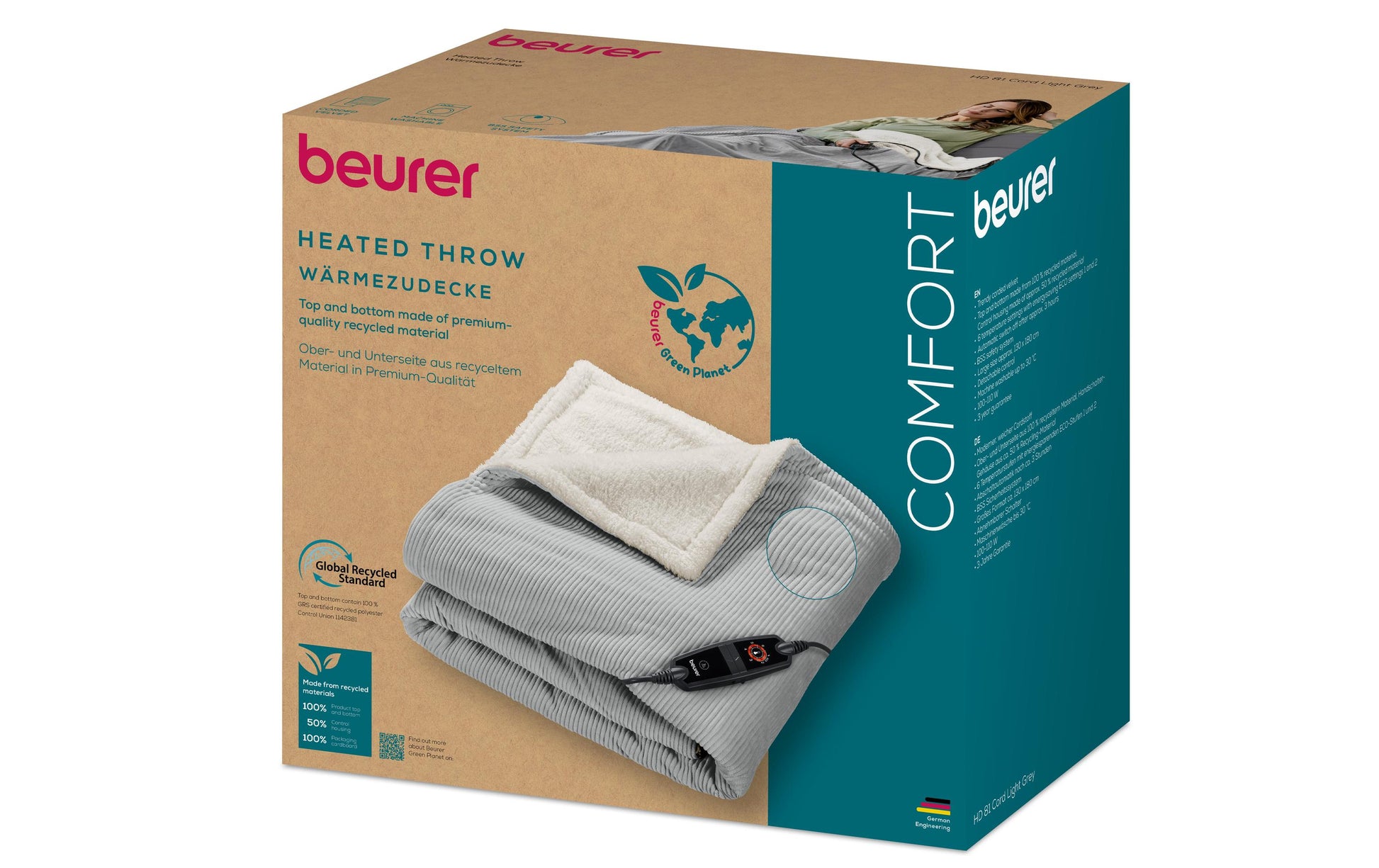 Beurer Wohndecke – Cord, Grau – 130 × 180 cm – OEKO-TEX Standard 100
