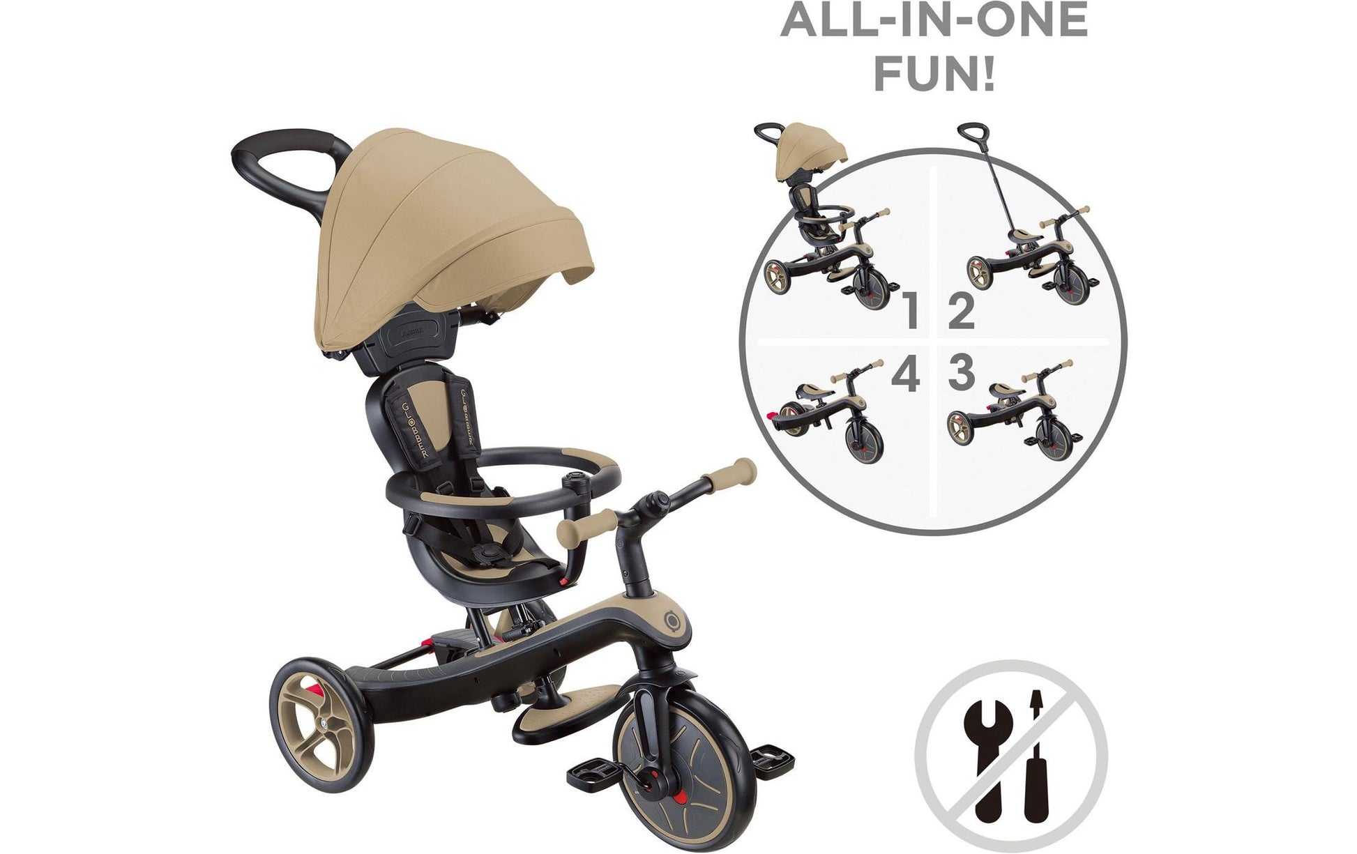 Globber Explorer 4 in 1 Dreirad – Vorderrad Ø 24,9 cm – bis 20 kg – ab 10 M. – Aluminium/Kunststoff – sand